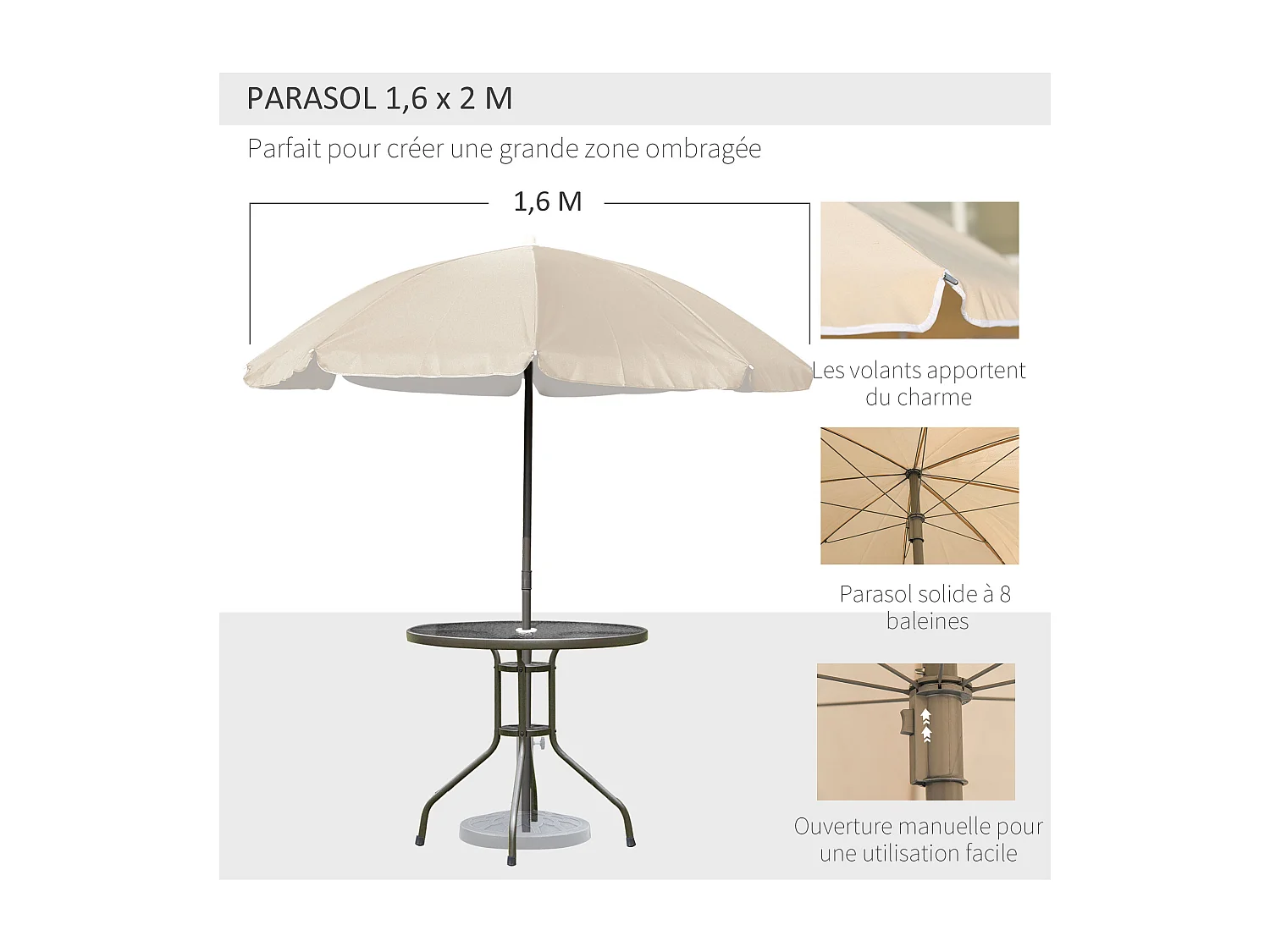 Ensemble salon de jardin 6 pcs - table ronde + 4 chaises pliables + parasol - acier époxy café textilène polyester beige