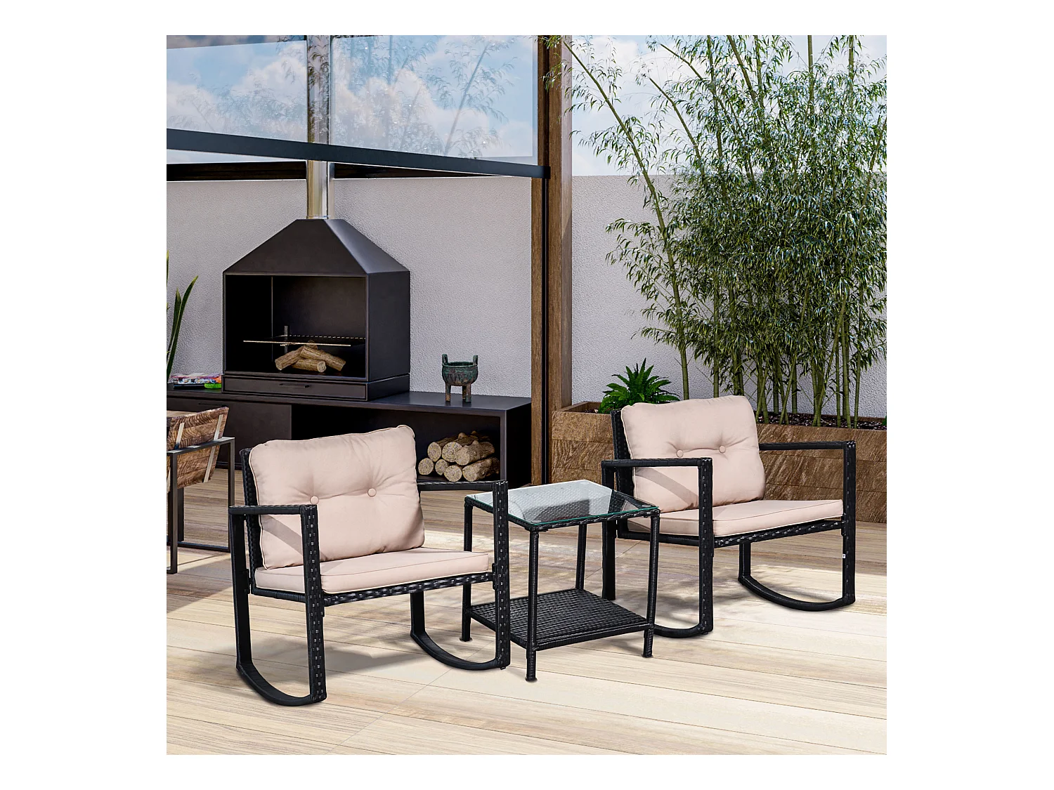 Ensemble de jardin 3 pièces style colonial 2 fauteuils à bascule avec coussins marron table basse étagère métal époxy résine tressée 4 fils noir