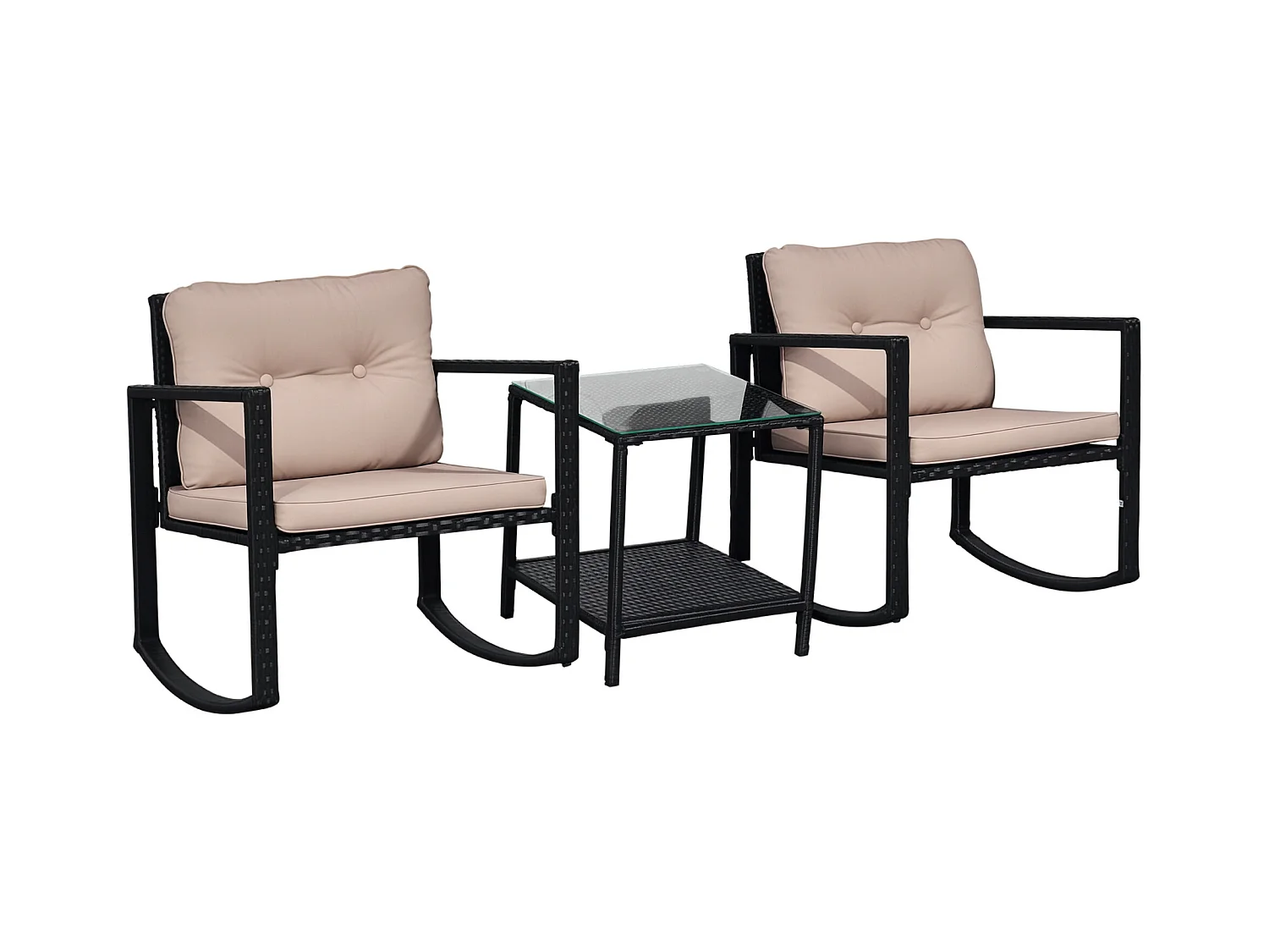 Ensemble de jardin 3 pièces style colonial 2 fauteuils à bascule avec coussins marron table basse étagère métal époxy résine tressée 4 fils noir