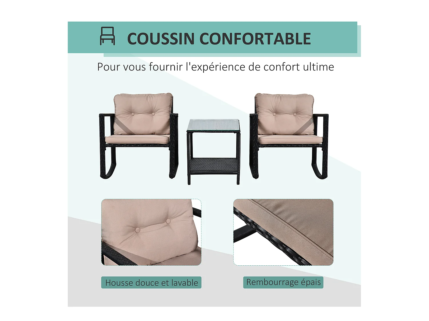 Ensemble de jardin 3 pièces style colonial 2 fauteuils à bascule avec coussins marron table basse étagère métal époxy résine tressée 4 fils noir