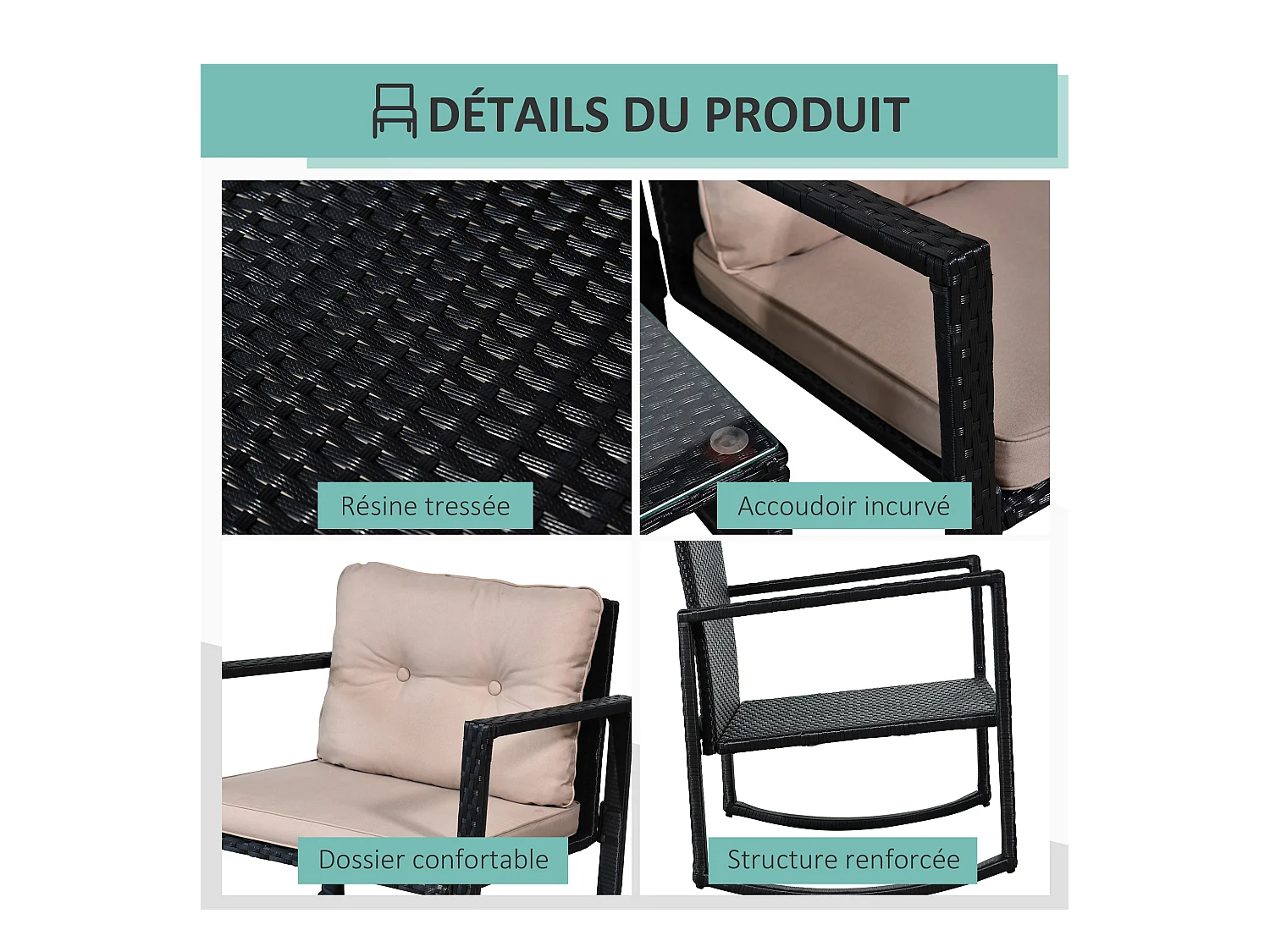 Ensemble de jardin 3 pièces style colonial 2 fauteuils à bascule avec coussins marron table basse étagère métal époxy résine tressée 4 fils noir