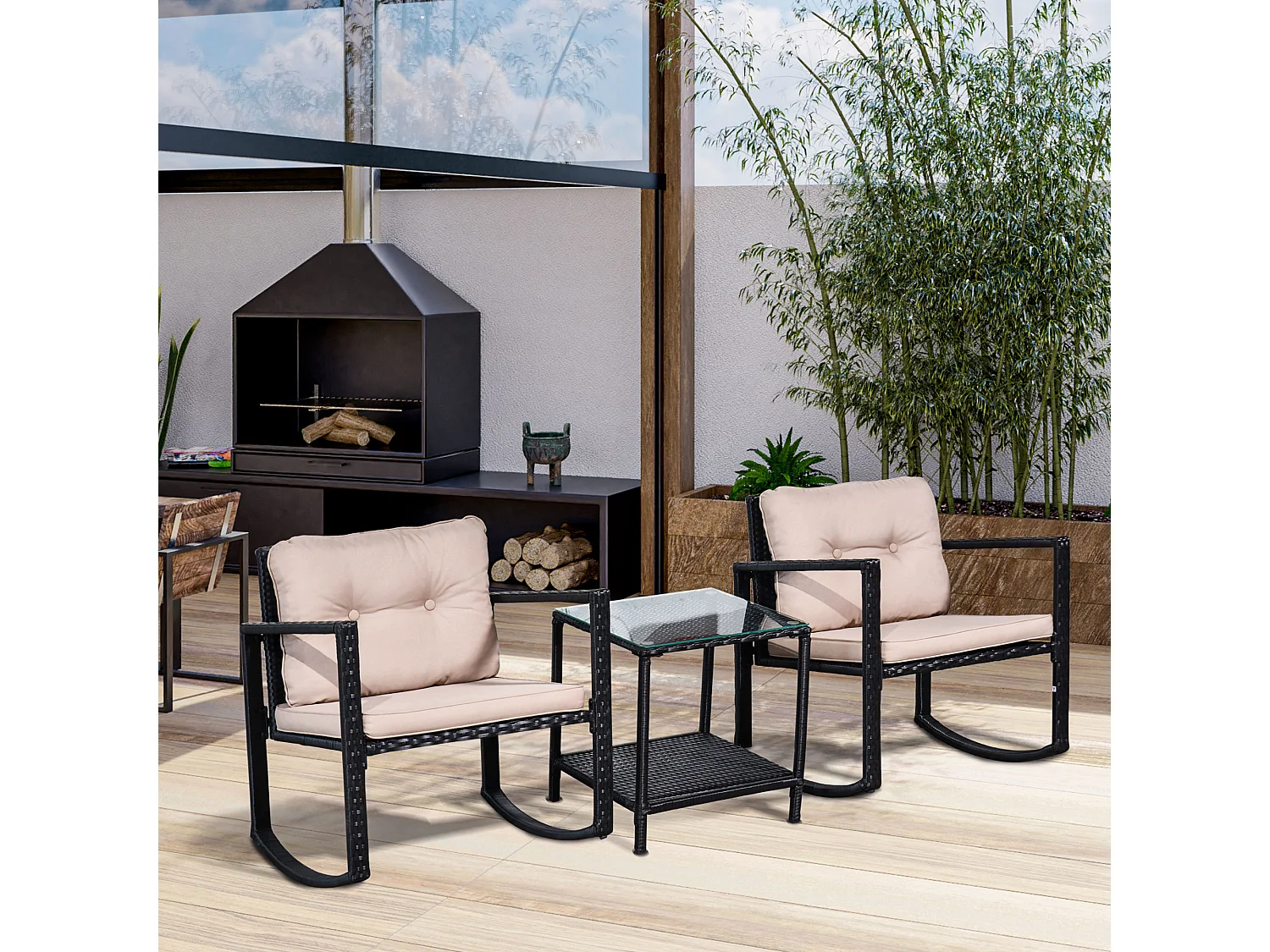 Ensemble de jardin 3 pièces style colonial 2 fauteuils à bascule avec coussins marron table basse étagère métal époxy résine tressée 4 fils noir