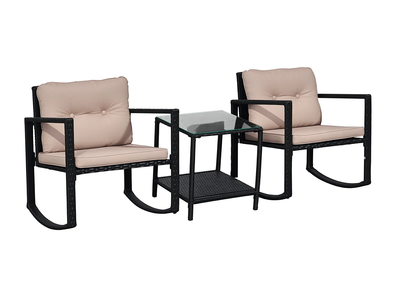 Ensemble de jardin 3 pièces style colonial 2 fauteuils à bascule avec coussins marron table basse étagère métal époxy résine tressée 4 fils noir