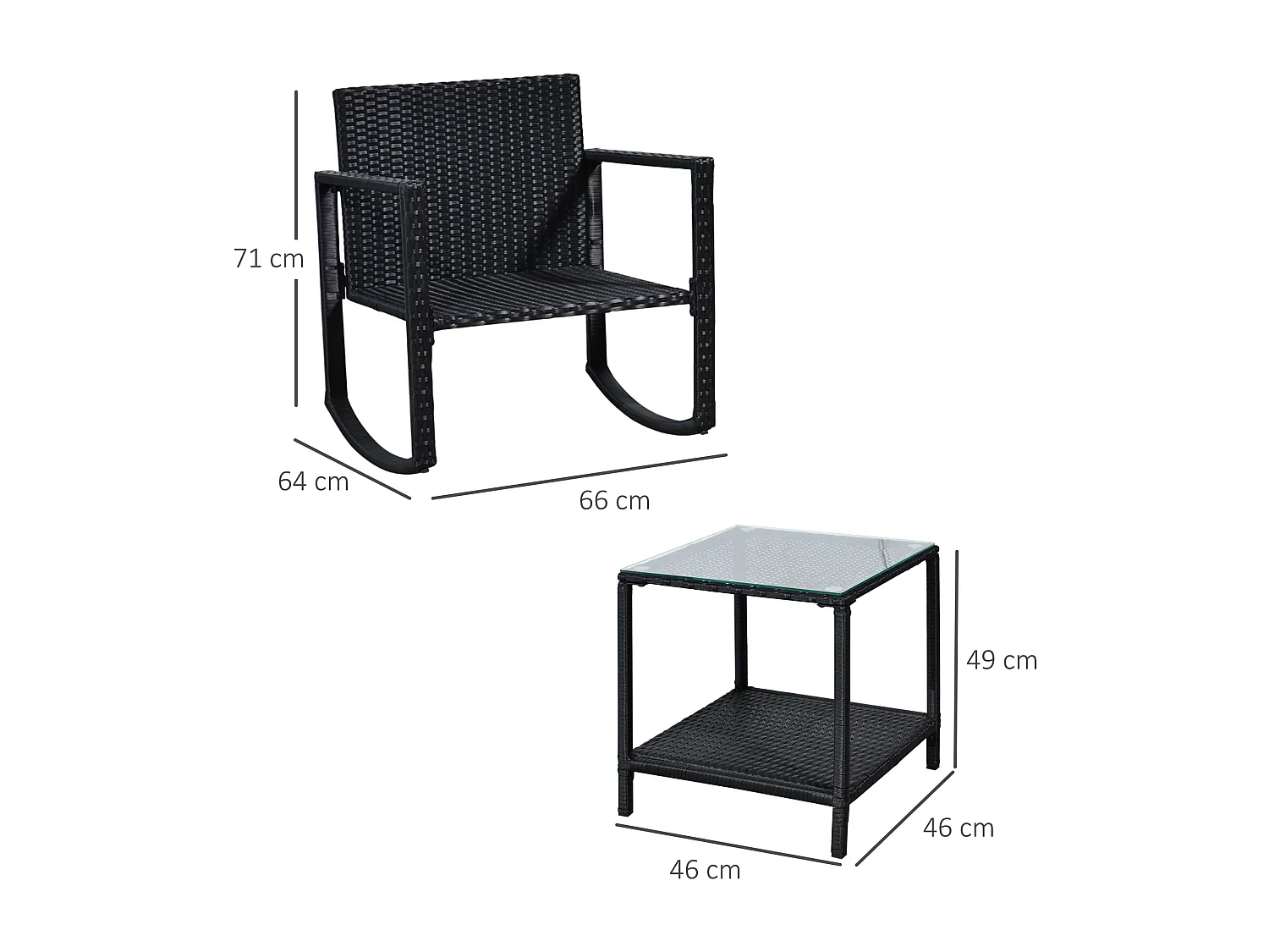 Ensemble de jardin 3 pièces style colonial 2 fauteuils à bascule avec coussins marron table basse étagère métal époxy résine tressée 4 fils noir