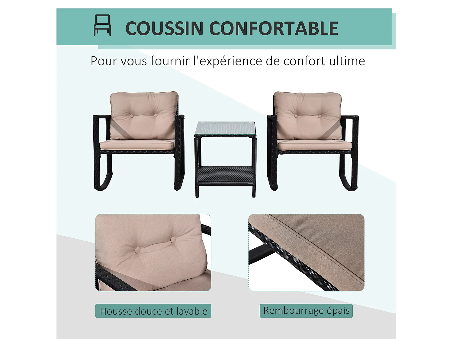 Ensemble de jardin 3 pièces style colonial 2 fauteuils à bascule avec coussins marron table basse étagère métal époxy résine tressée 4 fils noir