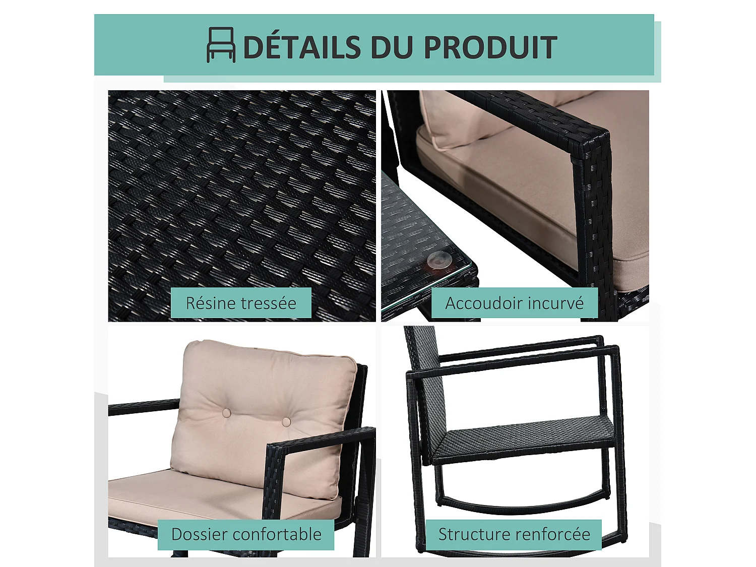 Ensemble de jardin 3 pièces style colonial 2 fauteuils à bascule avec coussins marron table basse étagère métal époxy résine tressée 4 fils noir