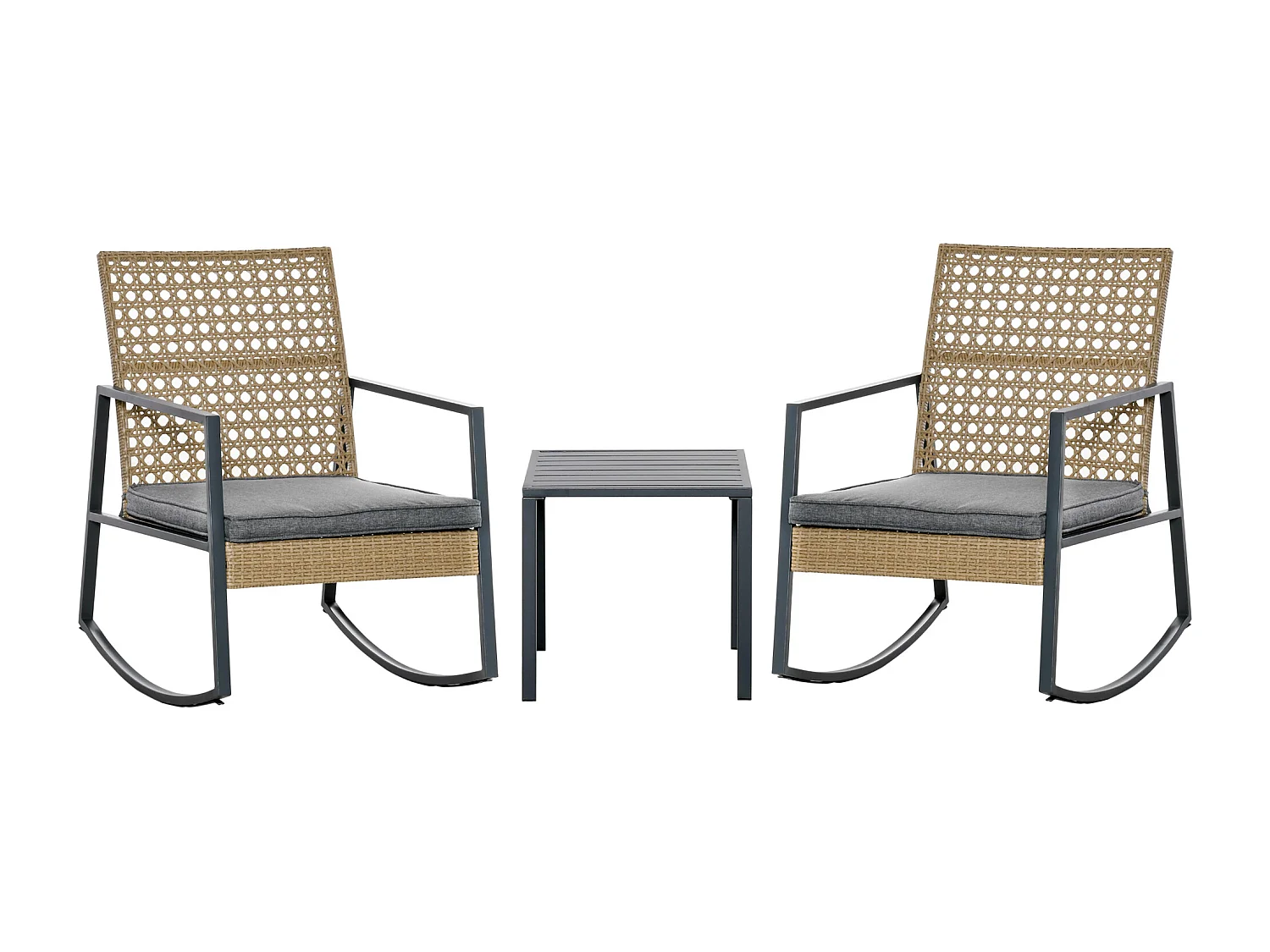 Ensemble de jardin 3 pièces style colonial 2 fauteuils à bascule avec coussins assise gris table basse métal époxy résine tressée beige