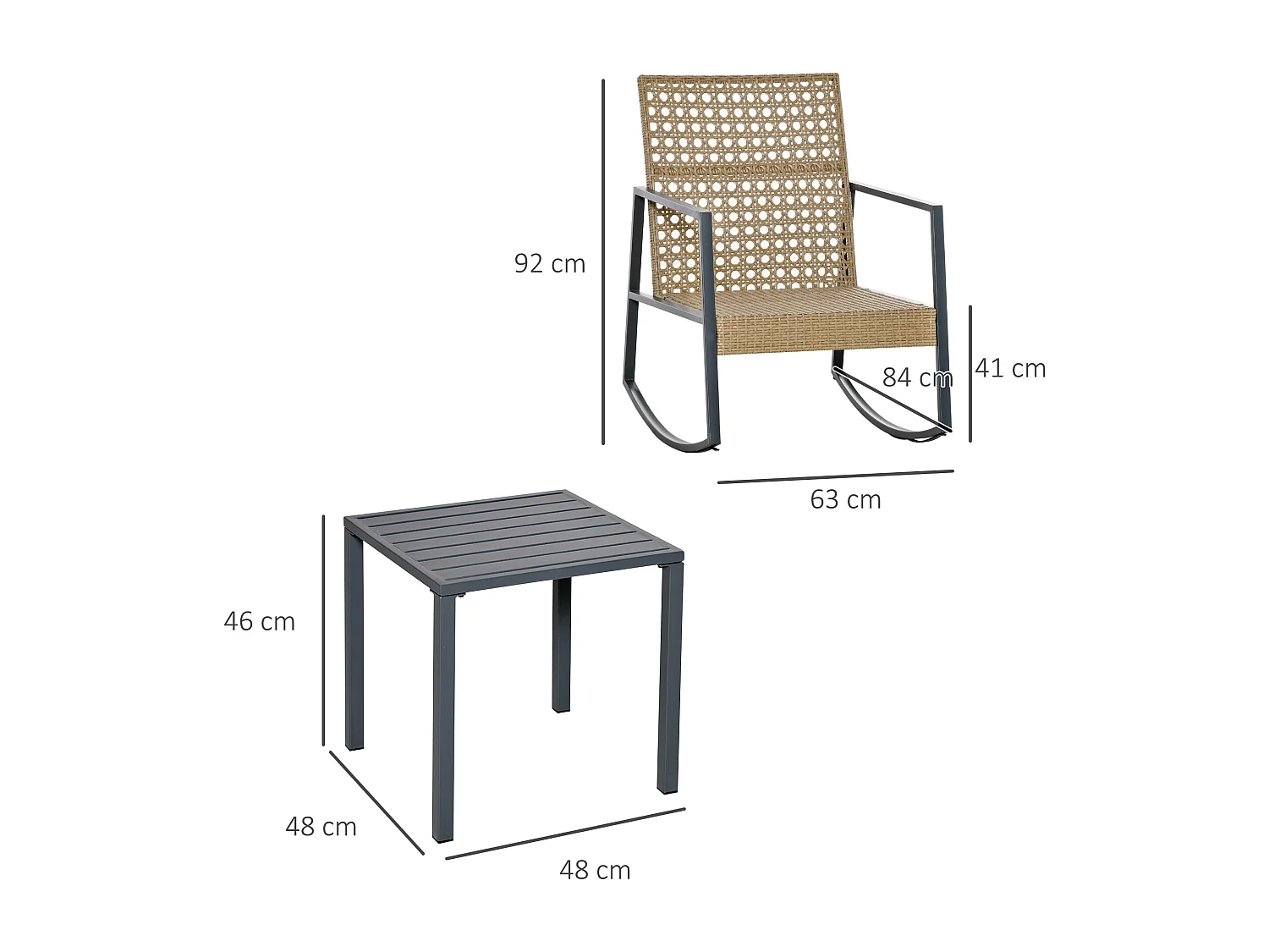 Ensemble de jardin 3 pièces style colonial 2 fauteuils à bascule avec coussins assise gris table basse métal époxy résine tressée beige