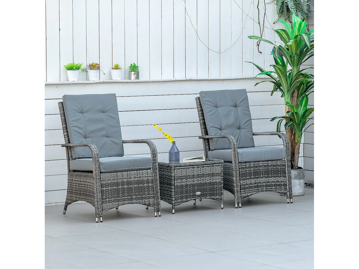 Ensemble 2 fauteuils de jardin table basse plateau verre trempé résine tressée imitation rotin coussins et housse protection inclus gris