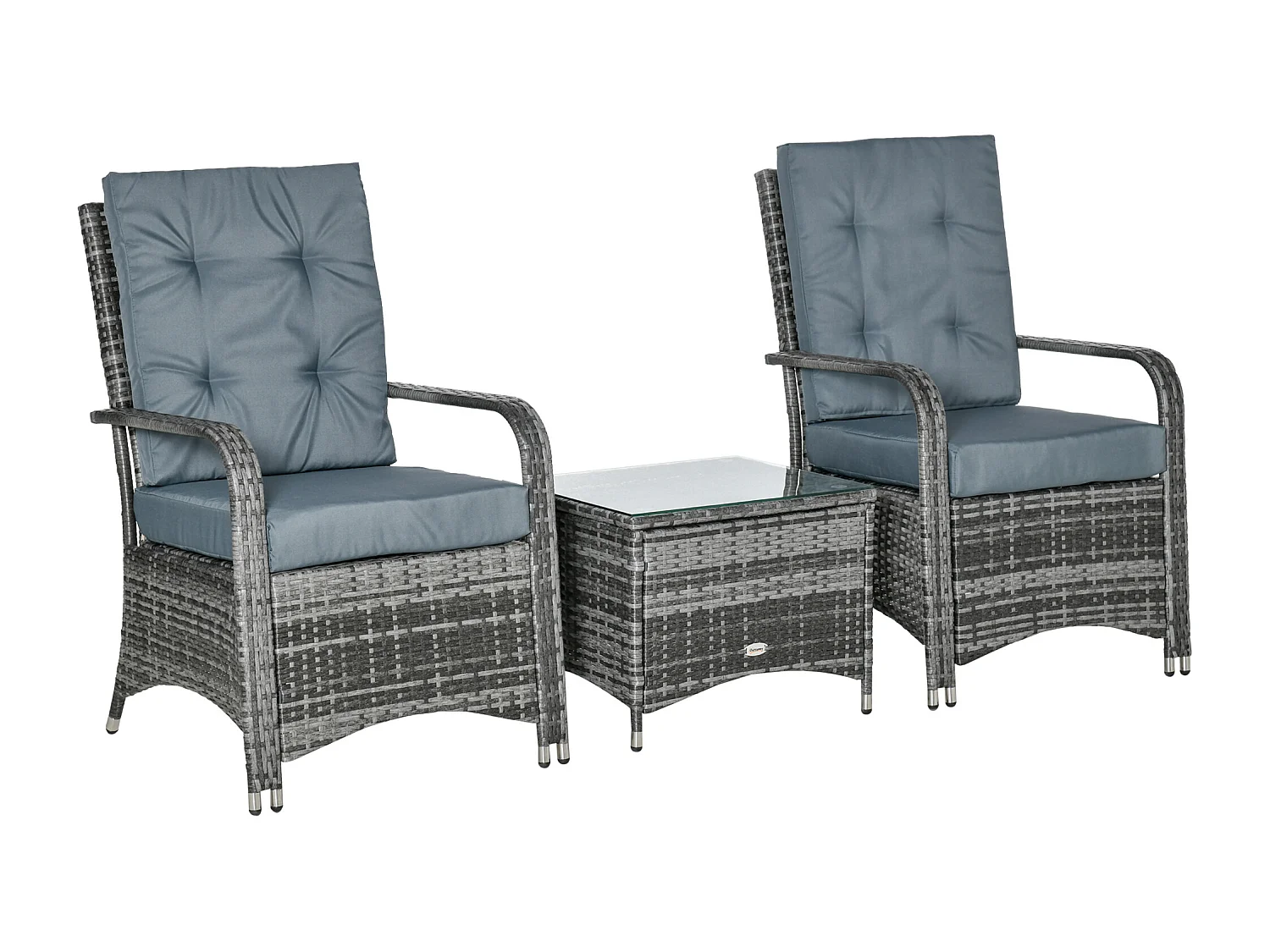 Ensemble 2 fauteuils de jardin table basse plateau verre trempé résine tressée imitation rotin coussins et housse protection inclus gris