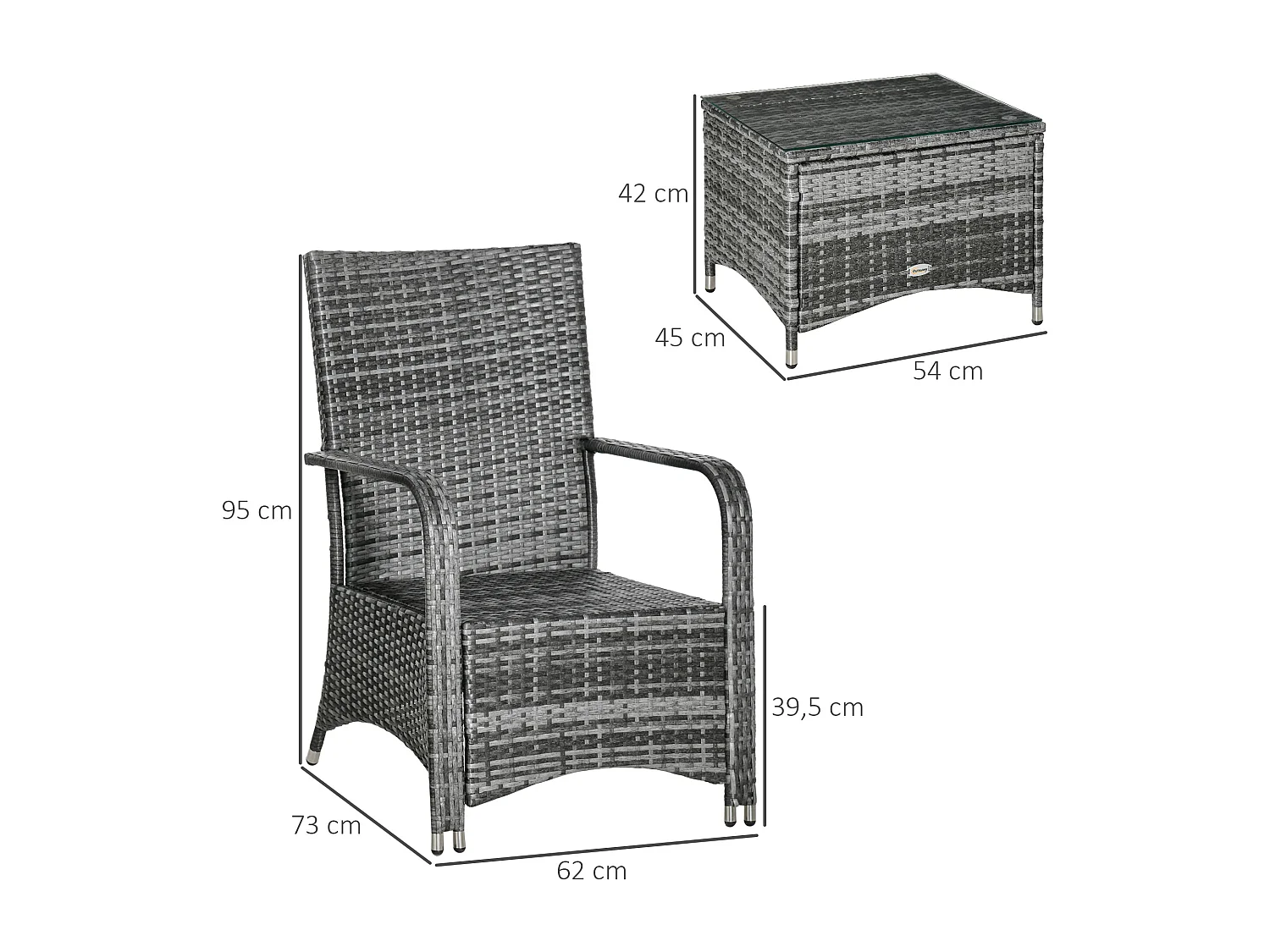 Ensemble 2 fauteuils de jardin table basse plateau verre trempé résine tressée imitation rotin coussins et housse protection inclus gris