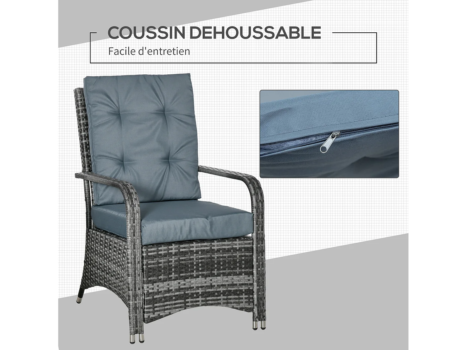 Ensemble 2 fauteuils de jardin table basse plateau verre trempé résine tressée imitation rotin coussins et housse protection inclus gris