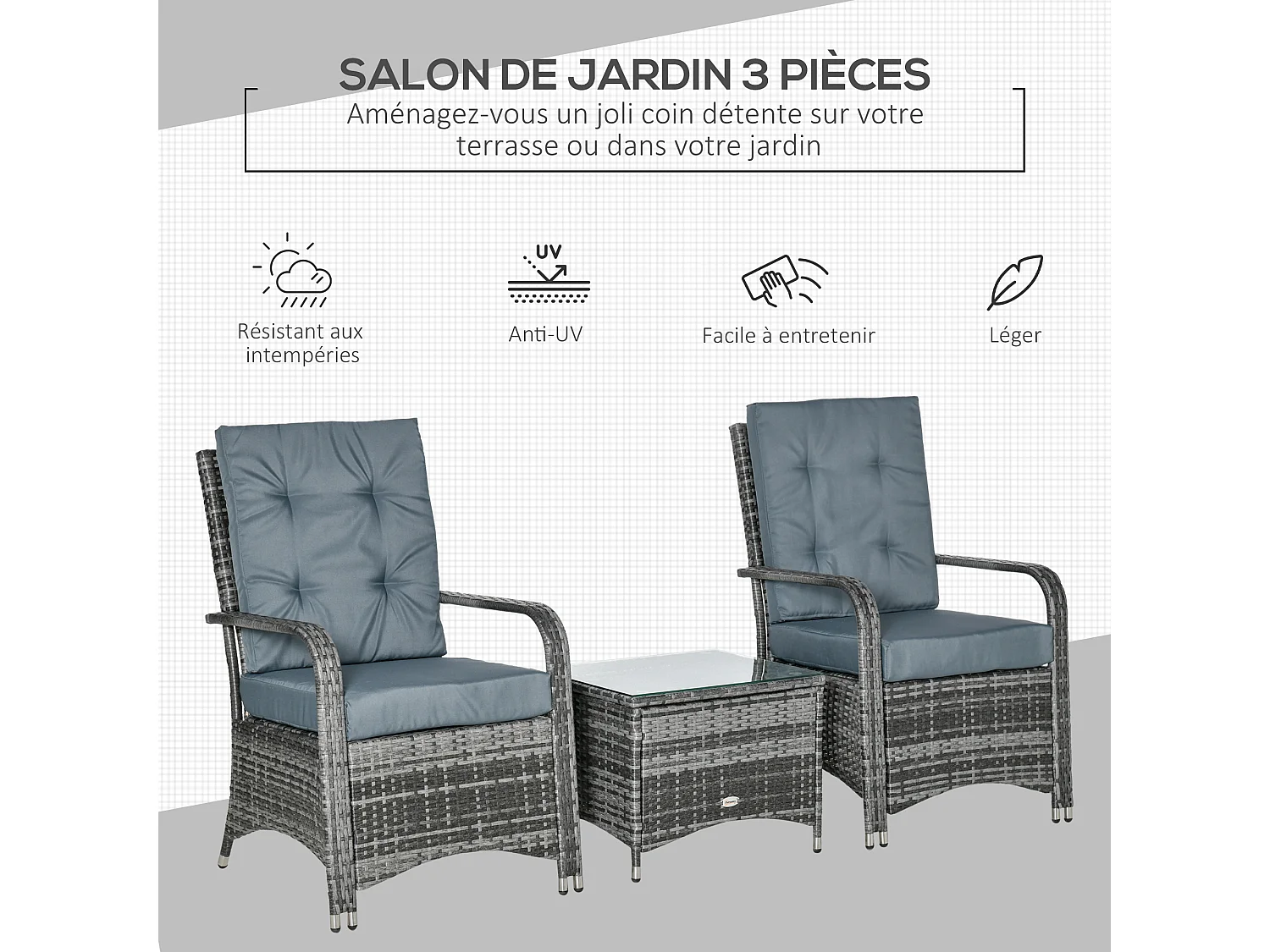 Ensemble 2 fauteuils de jardin table basse plateau verre trempé résine tressée imitation rotin coussins et housse protection inclus gris