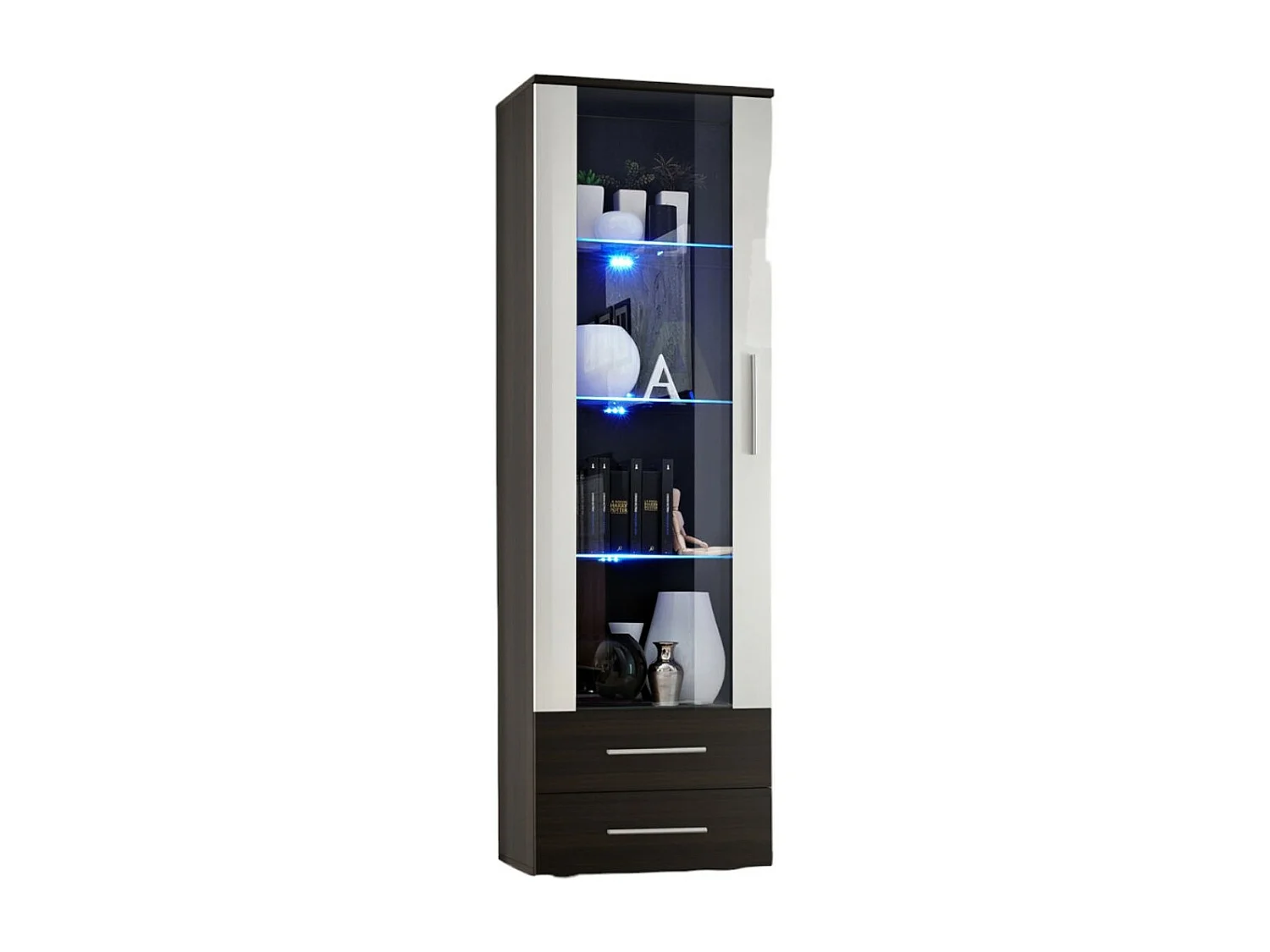 Vitrine NEO I design wengé et blanc brillant, tiroirs noirs brillants, LED intégrée, moderne et tendance