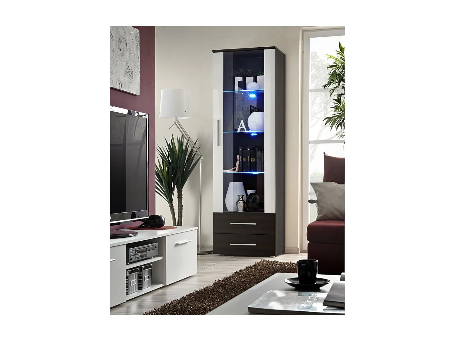 Vitrine NEO I design wengé et blanc brillant, tiroirs noirs brillants, LED intégrée, moderne et tendance