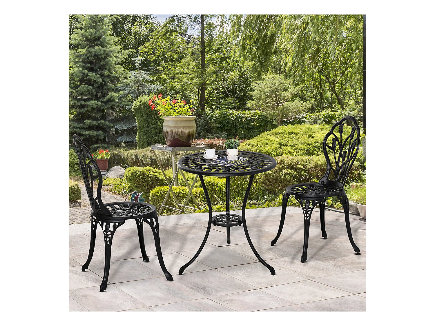 Ensemble salon de jardin 2 places 2 chaises + table ronde fonte d'aluminium imitation fer forgé noir