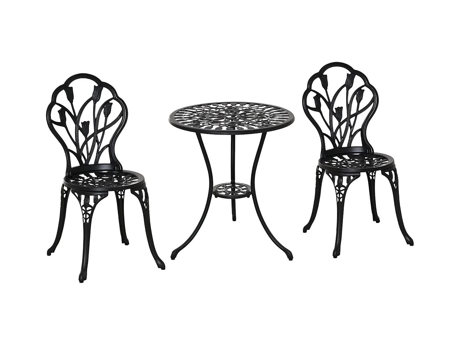 Ensemble salon de jardin 2 places 2 chaises + table ronde fonte d'aluminium imitation fer forgé noir