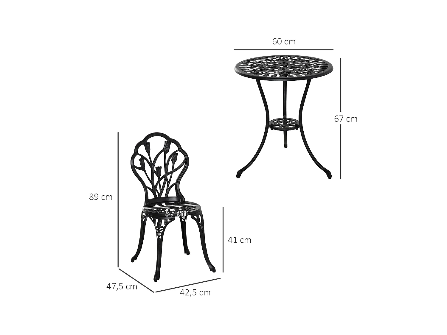 Ensemble salon de jardin 2 places 2 chaises + table ronde fonte d'aluminium imitation fer forgé noir