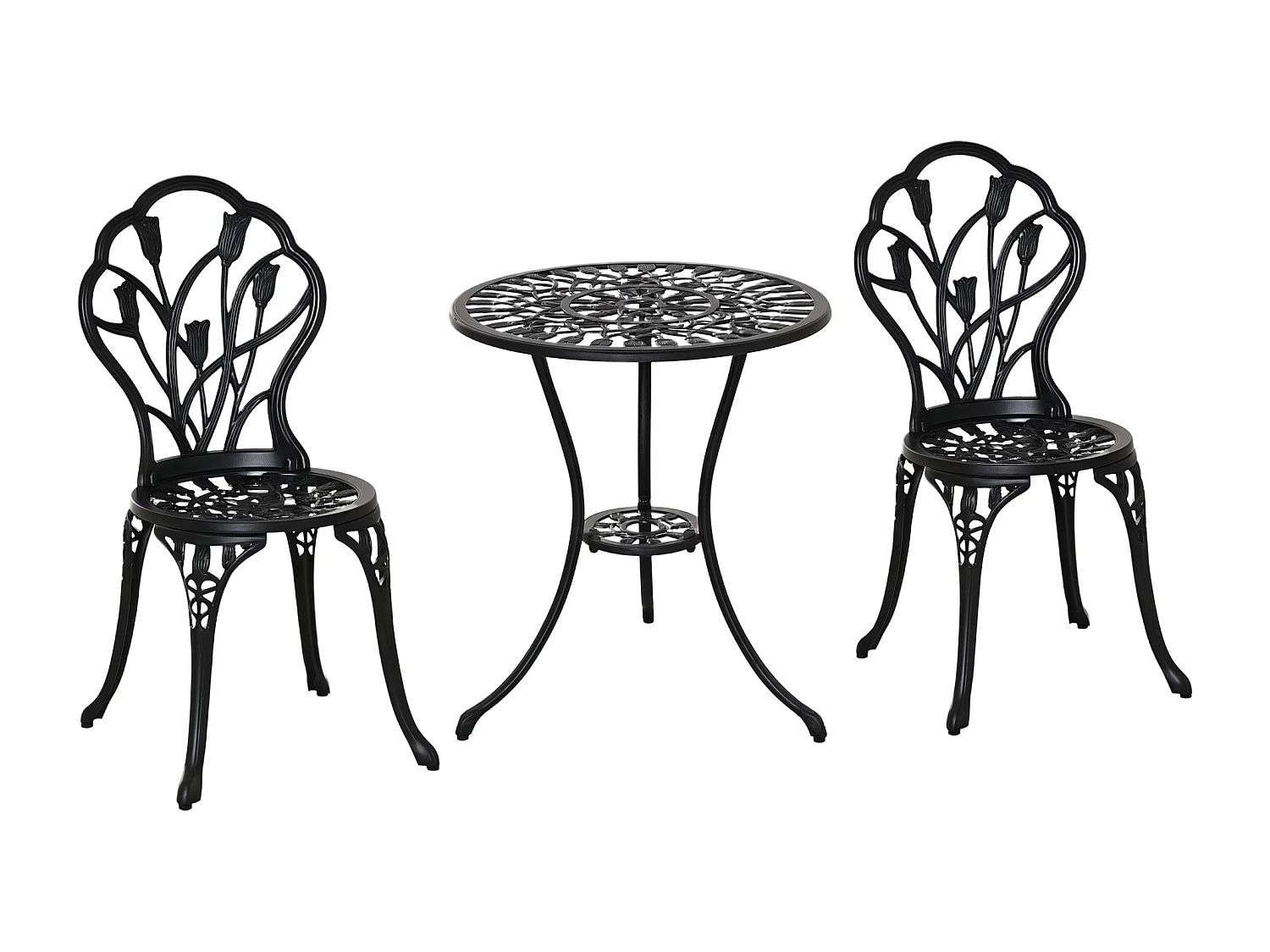 Ensemble salon de jardin 2 places 2 chaises + table ronde fonte d'aluminium imitation fer forgé noir