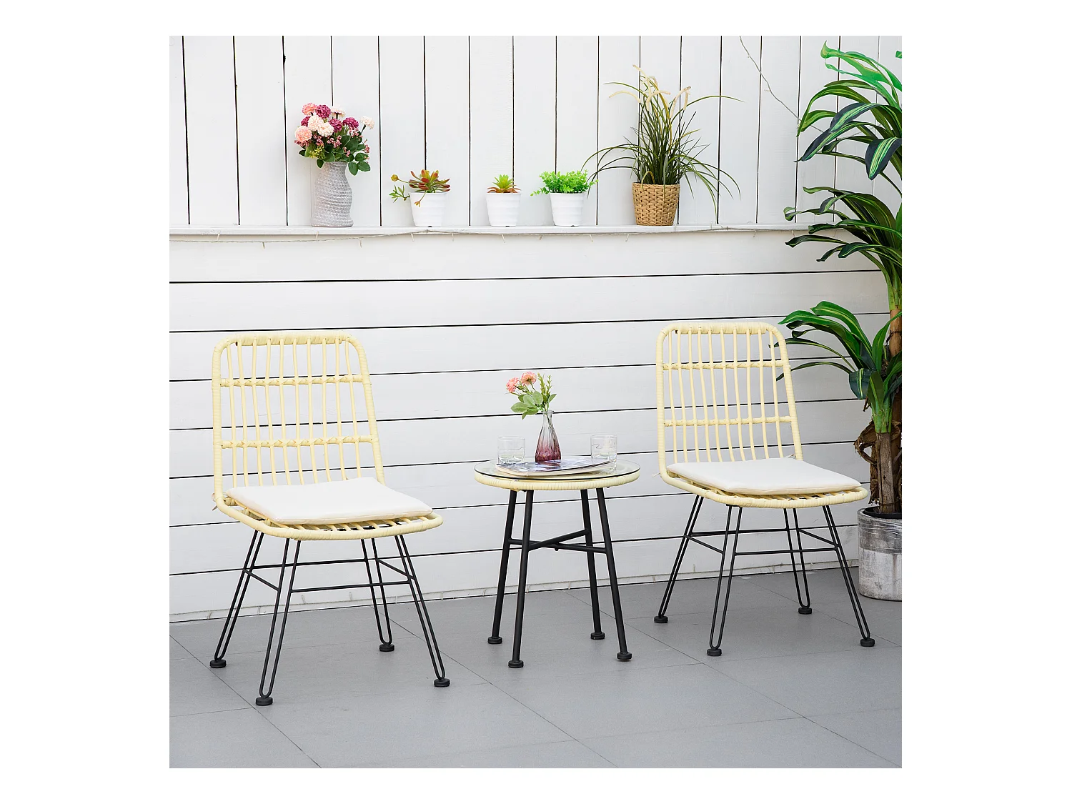 Ensemble bistro de jardin 2 places 3 pièces style exotique 2 chaises + table basse ronde métal époxy noir résine tressée beige