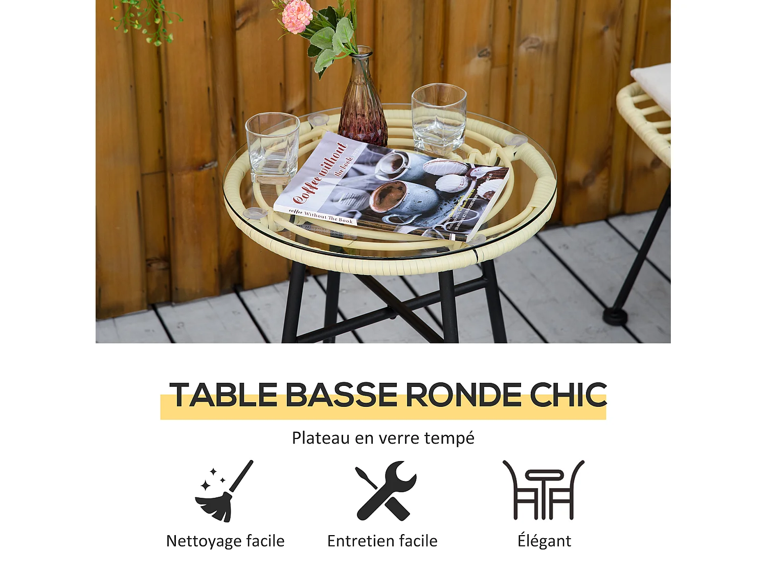 Ensemble bistro de jardin 2 places 3 pièces style exotique 2 chaises + table basse ronde métal époxy noir résine tressée beige