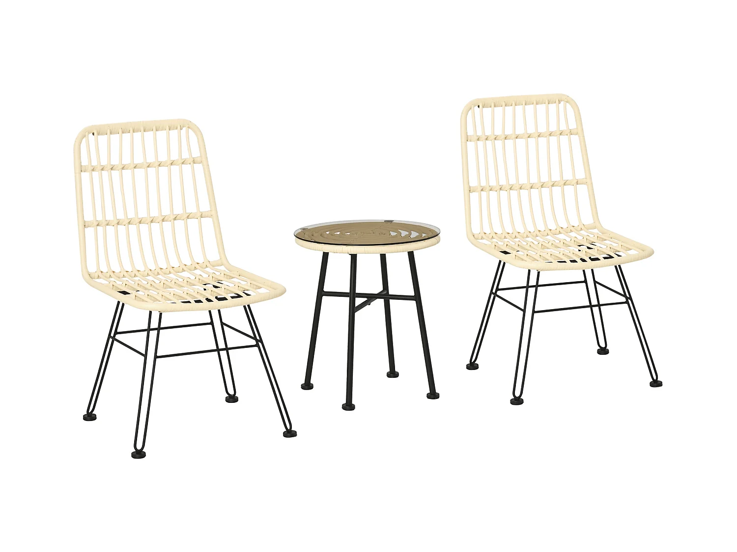 Ensemble bistro de jardin 2 places 3 pièces style exotique 2 chaises + table basse ronde métal époxy noir résine tressée beige