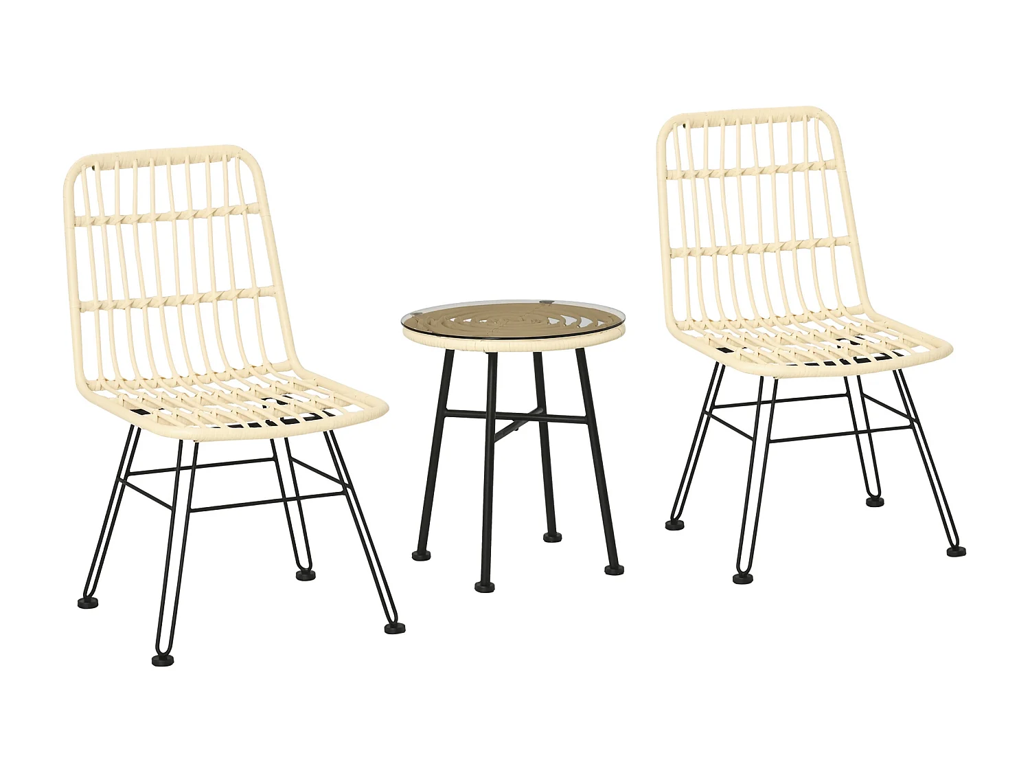 Ensemble bistro de jardin 2 places 3 pièces style exotique 2 chaises + table basse ronde métal époxy noir résine tressée beige