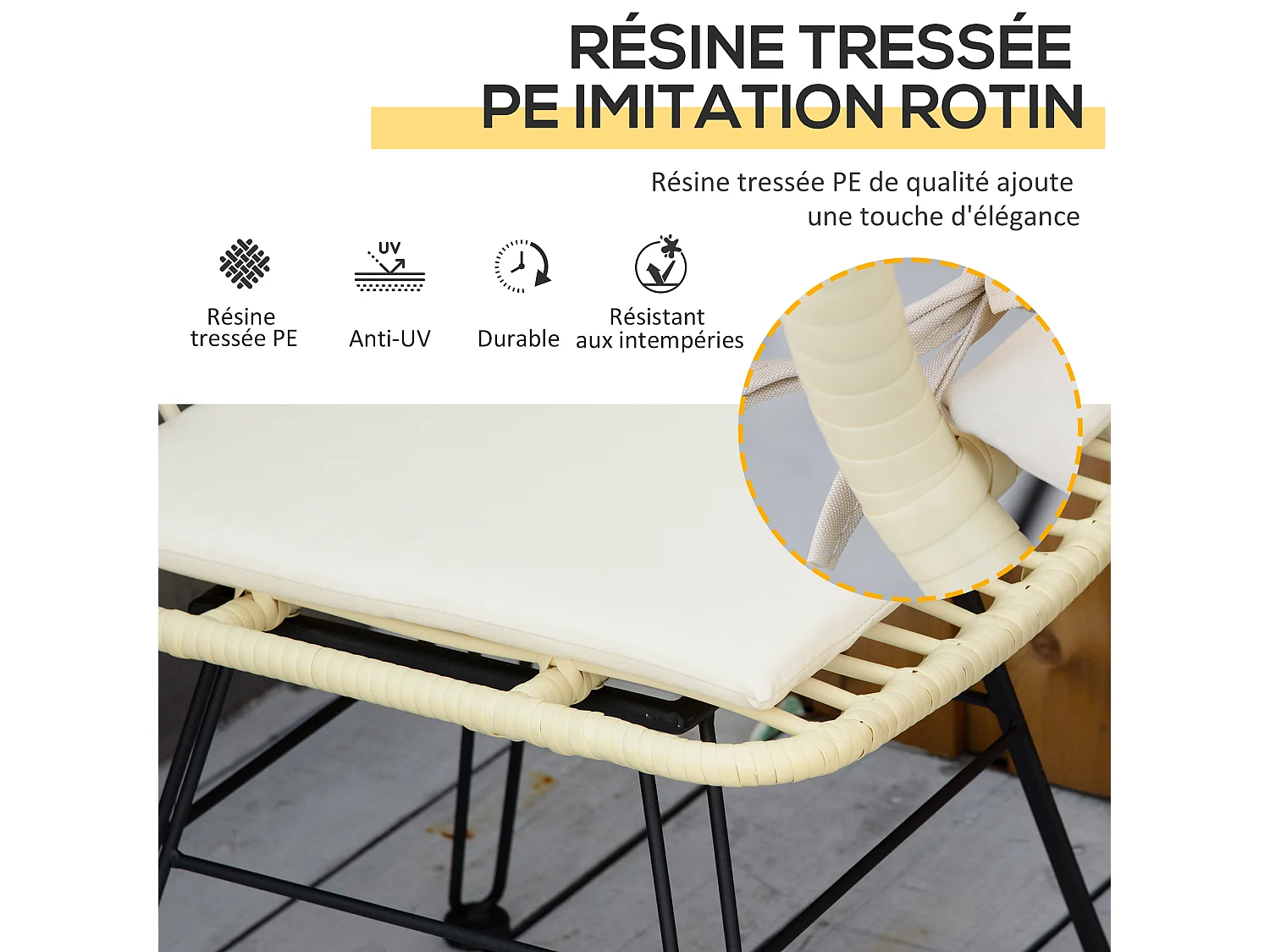 Ensemble bistro de jardin 2 places 3 pièces style exotique 2 chaises + table basse ronde métal époxy noir résine tressée beige