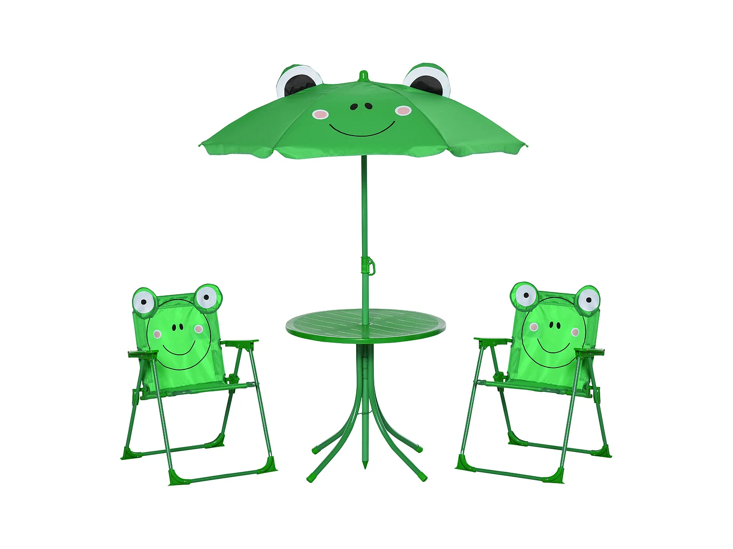 Ensemble salon de jardin enfant 4 pcs design grenouille - table ronde + 2 chaises pliables + parasol - métal époxy oxford vert