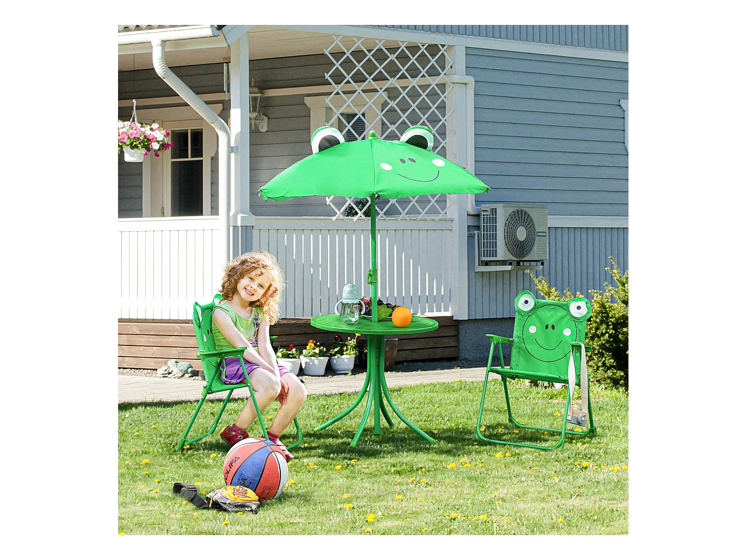 Ensemble salon de jardin enfant 4 pcs design grenouille - table ronde + 2 chaises pliables + parasol - métal époxy oxford vert