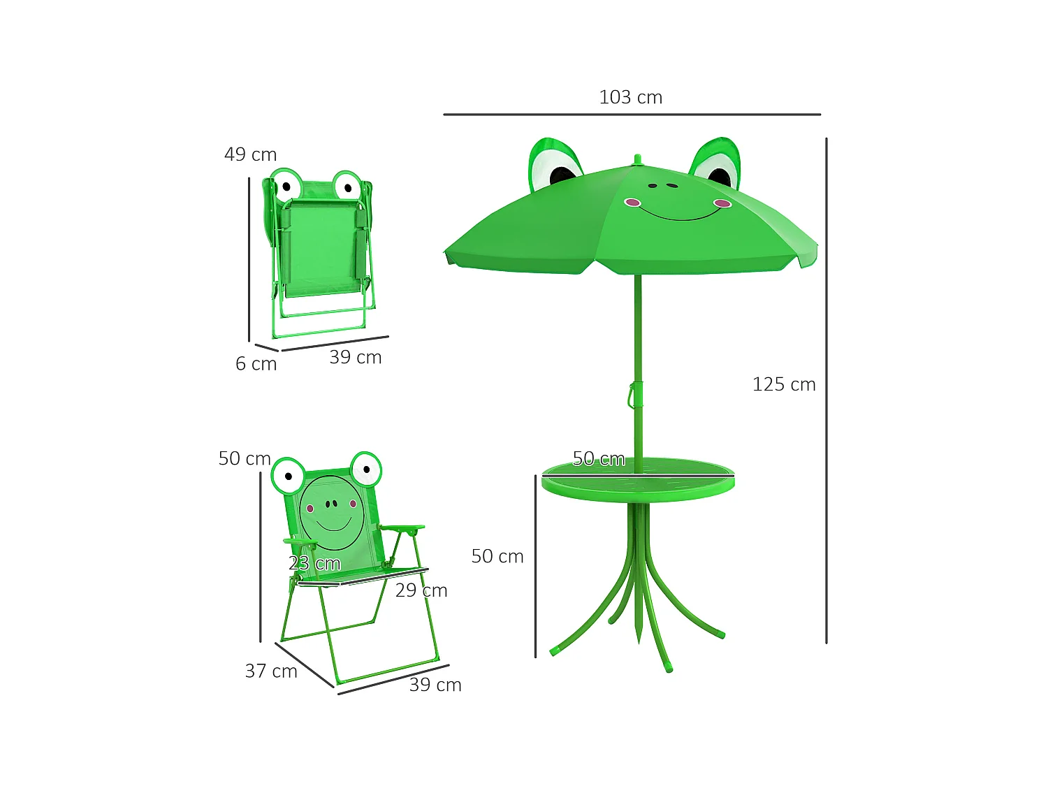 Ensemble salon de jardin enfant 4 pcs design grenouille - table ronde + 2 chaises pliables + parasol - métal époxy oxford vert