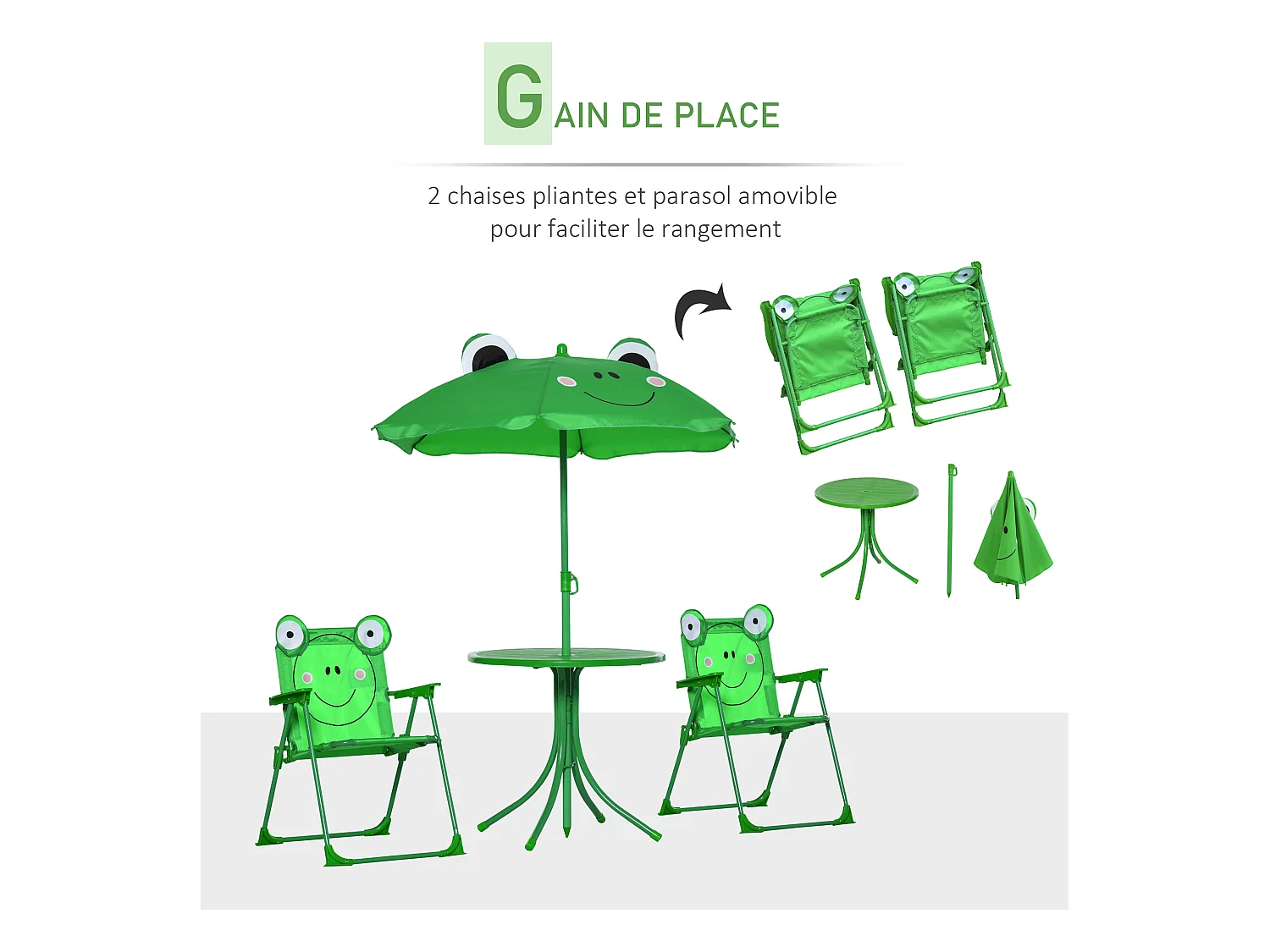 Ensemble salon de jardin enfant 4 pcs design grenouille - table ronde + 2 chaises pliables + parasol - métal époxy oxford vert
