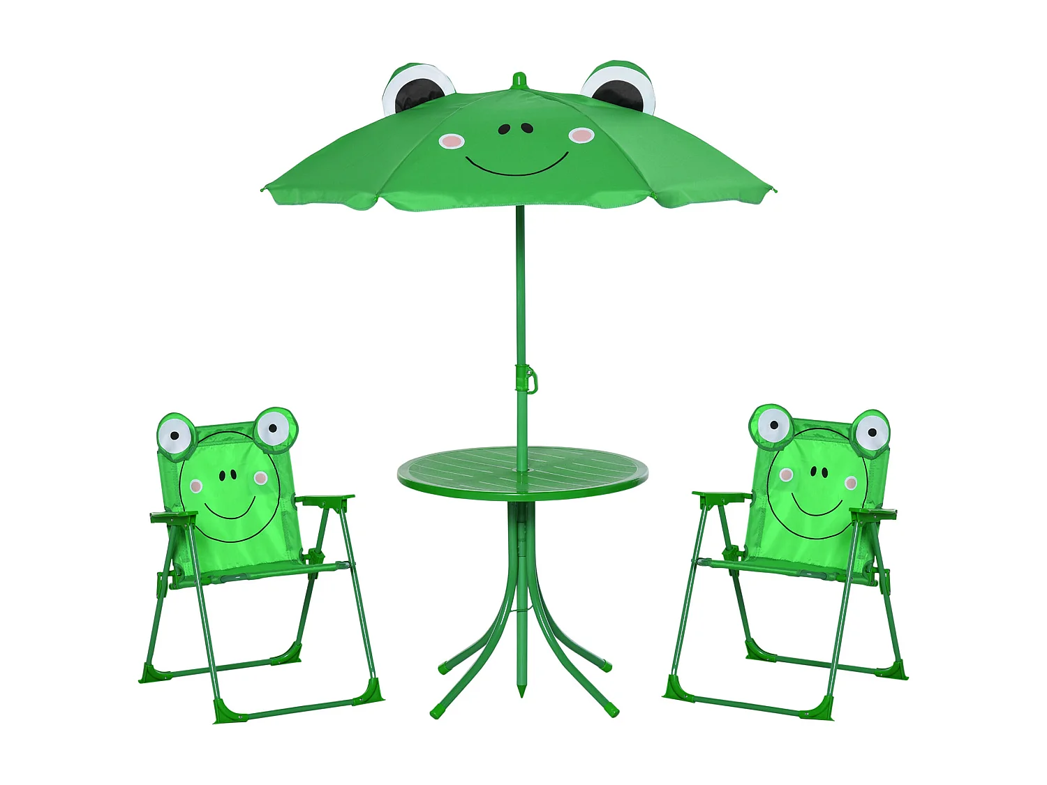 Ensemble salon de jardin enfant 4 pcs design grenouille - table ronde + 2 chaises pliables + parasol - métal époxy oxford vert