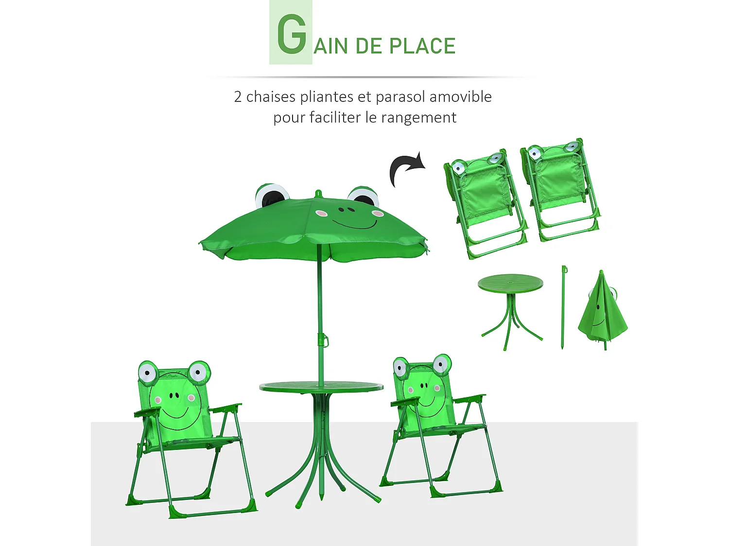 Ensemble salon de jardin enfant 4 pcs design grenouille - table ronde + 2 chaises pliables + parasol - métal époxy oxford vert