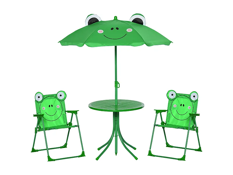 Ensemble salon de jardin enfant 4 pcs design grenouille - table ronde + 2 chaises pliables + parasol - métal époxy oxford vert