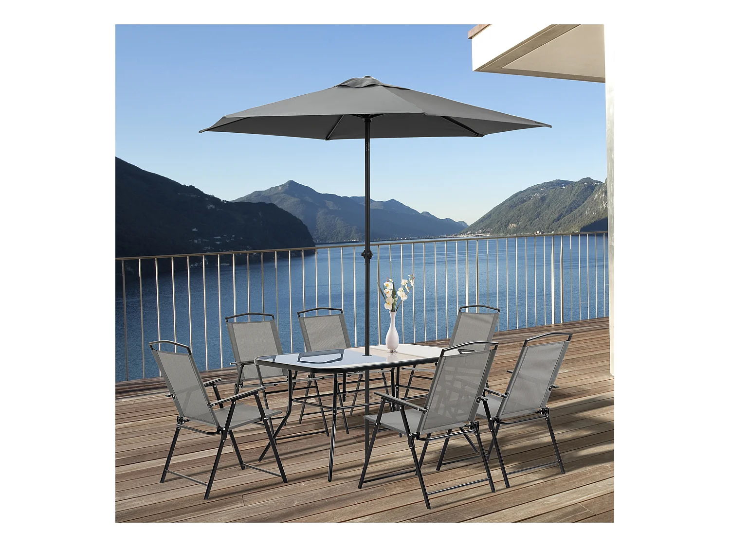 Ensemble salon de jardin 6 places 8 pièces - parasol, table, 6 chaises pliantes - métal époxy textilène polyester gris