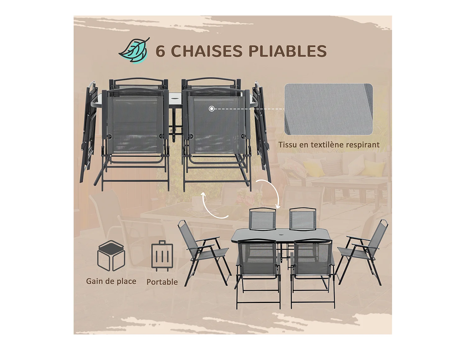 Ensemble salon de jardin 6 places 8 pièces - parasol, table, 6 chaises pliantes - métal époxy textilène polyester gris