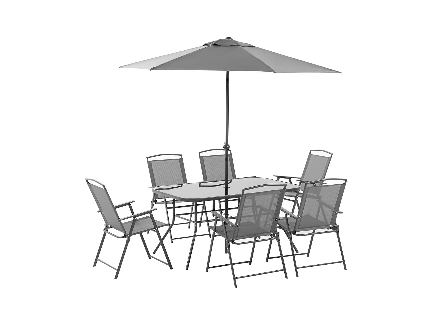 Ensemble salon de jardin 6 places 8 pièces - parasol, table, 6 chaises pliantes - métal époxy textilène polyester gris