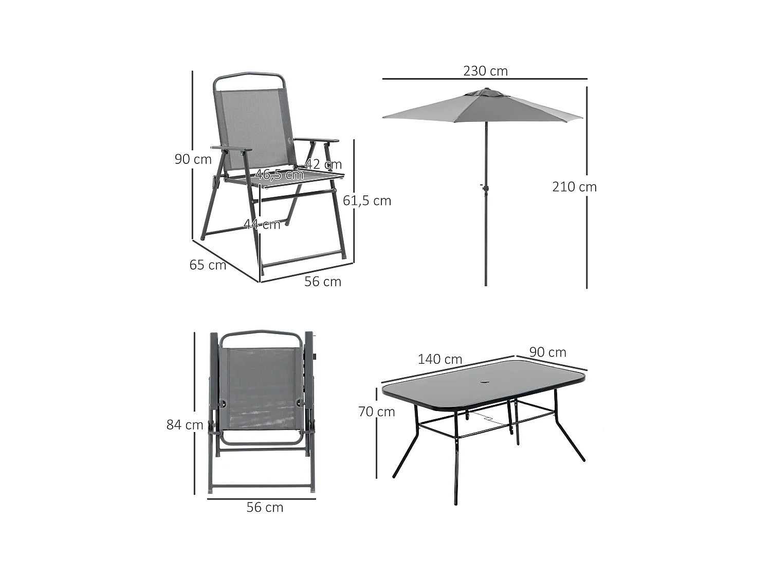 Ensemble salon de jardin 6 places 8 pièces - parasol, table, 6 chaises pliantes - métal époxy textilène polyester gris