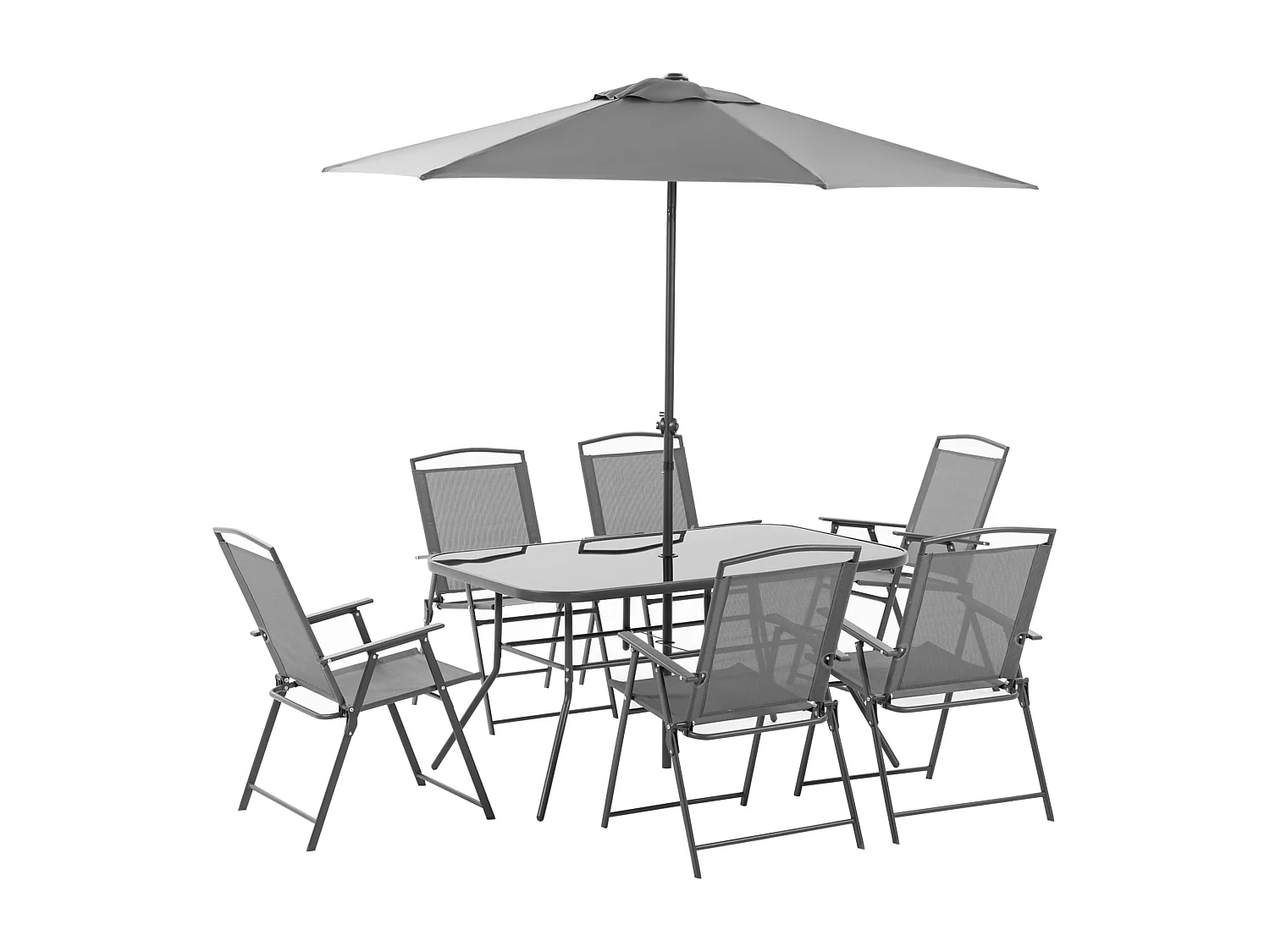 Ensemble salon de jardin 6 places 8 pièces - parasol, table, 6 chaises pliantes - métal époxy textilène polyester gris