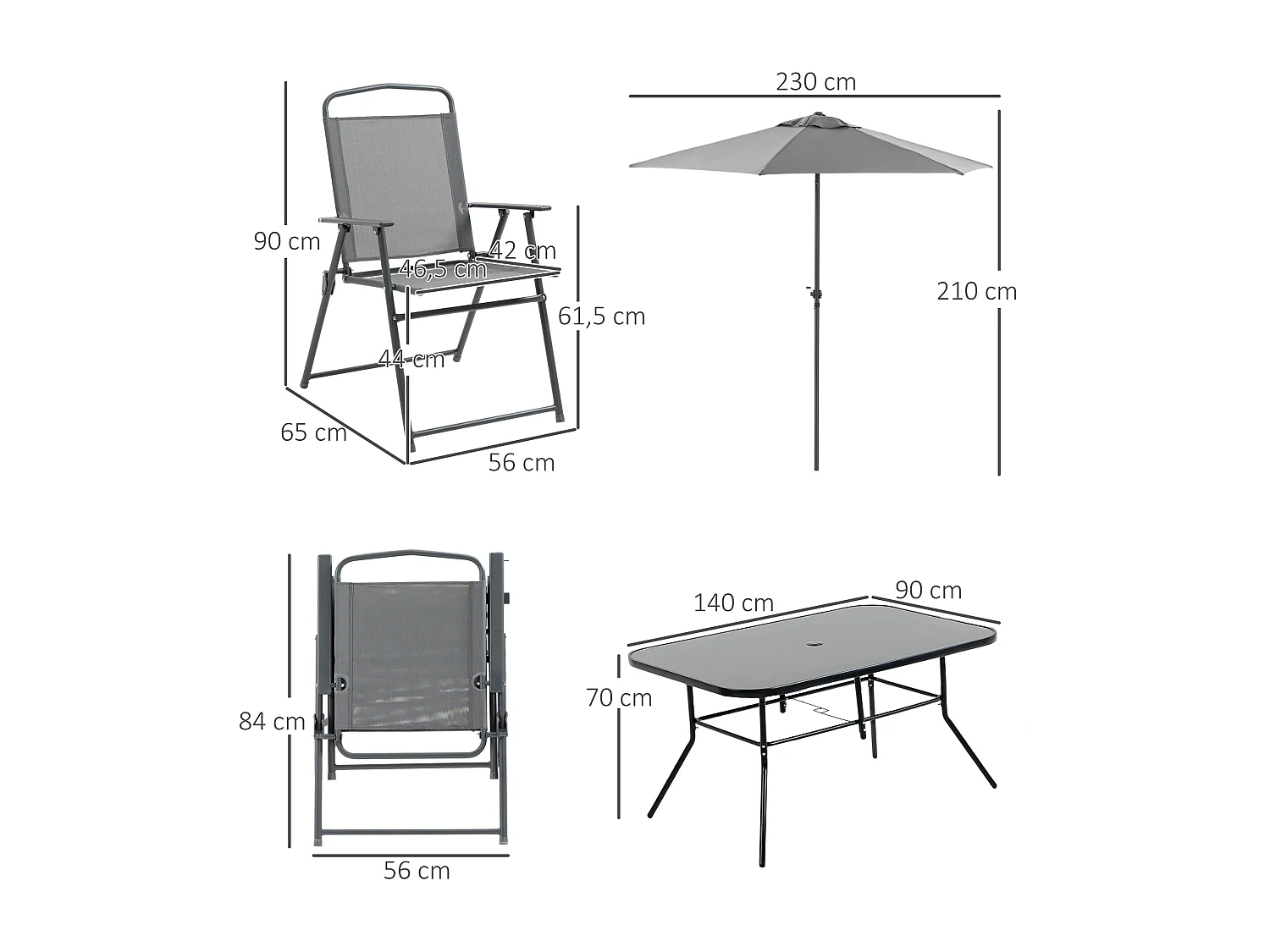 Ensemble salon de jardin 6 places 8 pièces - parasol, table, 6 chaises pliantes - métal époxy textilène polyester gris