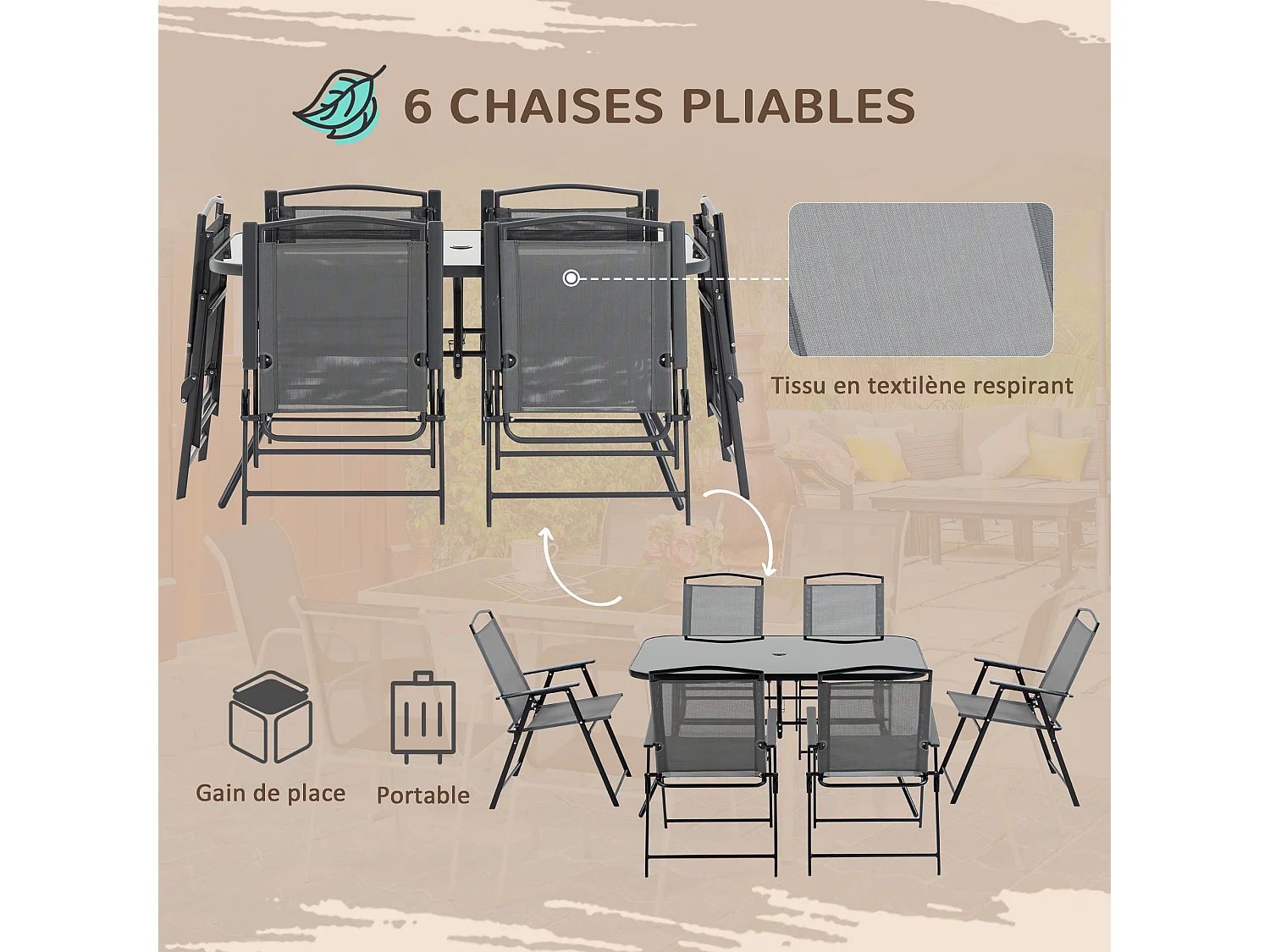 Ensemble salon de jardin 6 places 8 pièces - parasol, table, 6 chaises pliantes - métal époxy textilène polyester gris