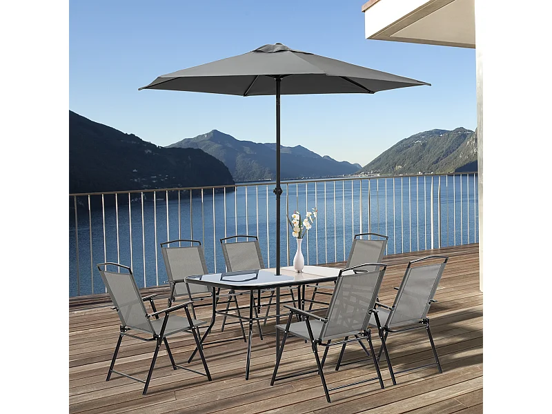 Ensemble salon de jardin 6 places 8 pièces - parasol, table, 6 chaises pliantes - métal époxy textilène polyester gris