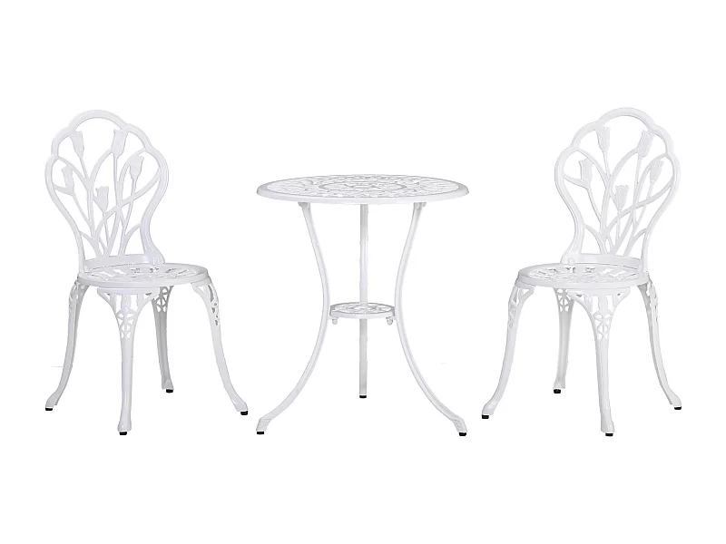 Ensemble salon de jardin 2 places 2 chaises + table ronde fonte d'aluminium imitation fer forgé blanc