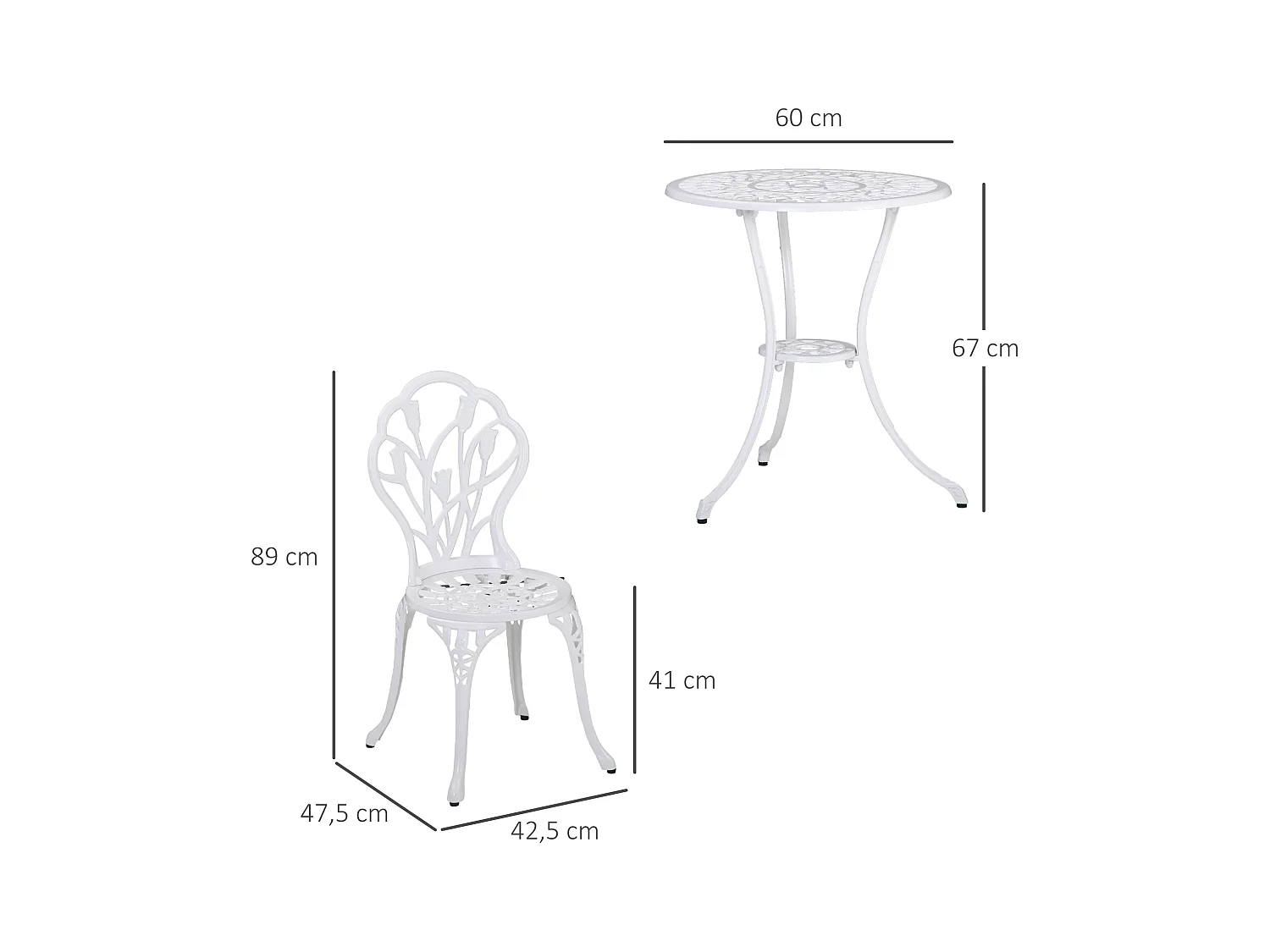 Ensemble salon de jardin 2 places 2 chaises + table ronde fonte d'aluminium imitation fer forgé blanc