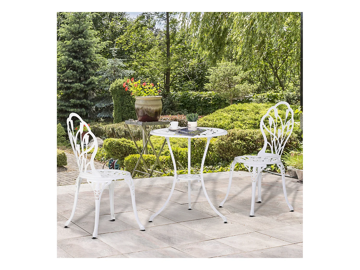 Ensemble salon de jardin 2 places 2 chaises + table ronde fonte d'aluminium imitation fer forgé blanc