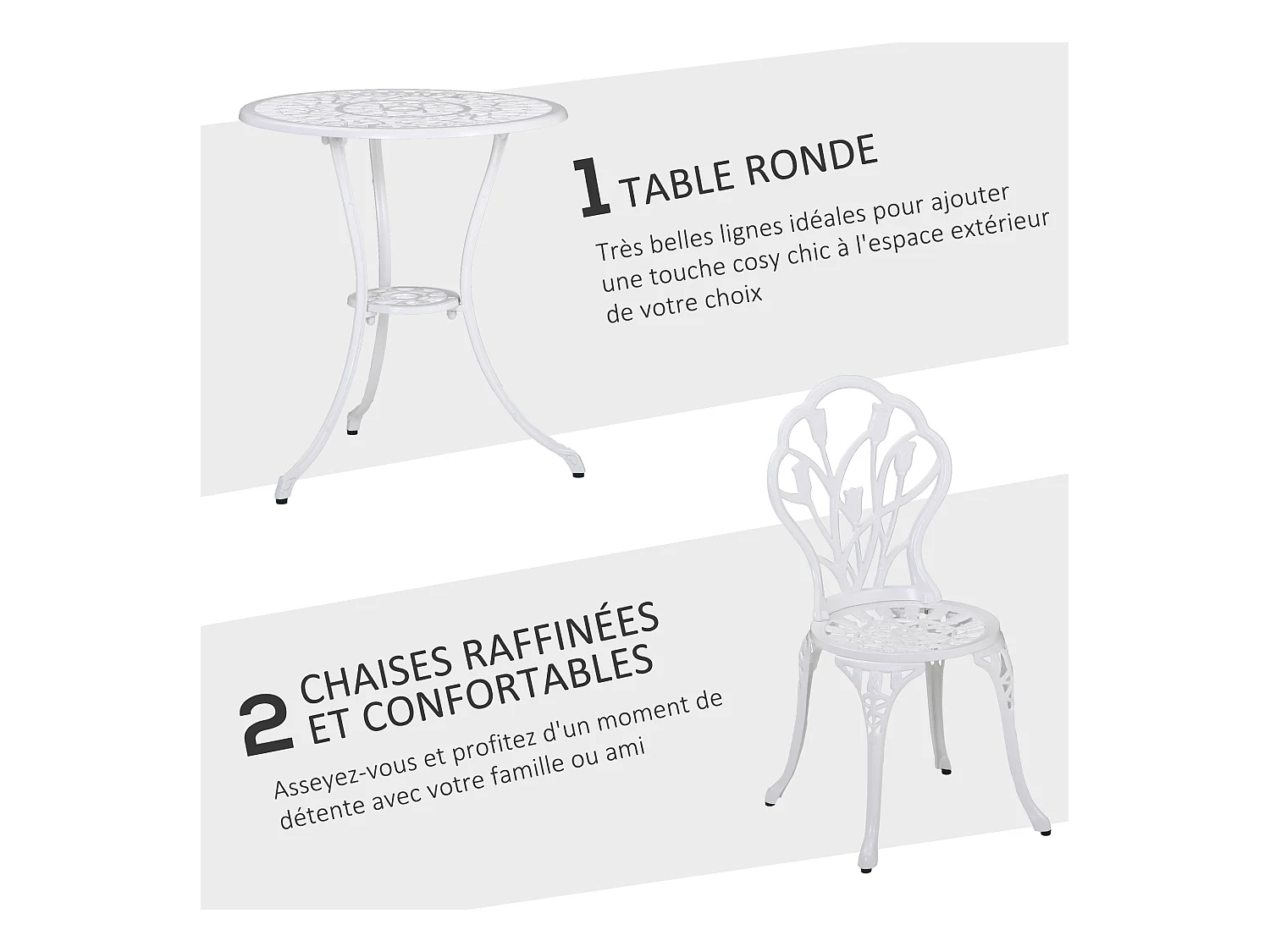 Ensemble salon de jardin 2 places 2 chaises + table ronde fonte d'aluminium imitation fer forgé blanc