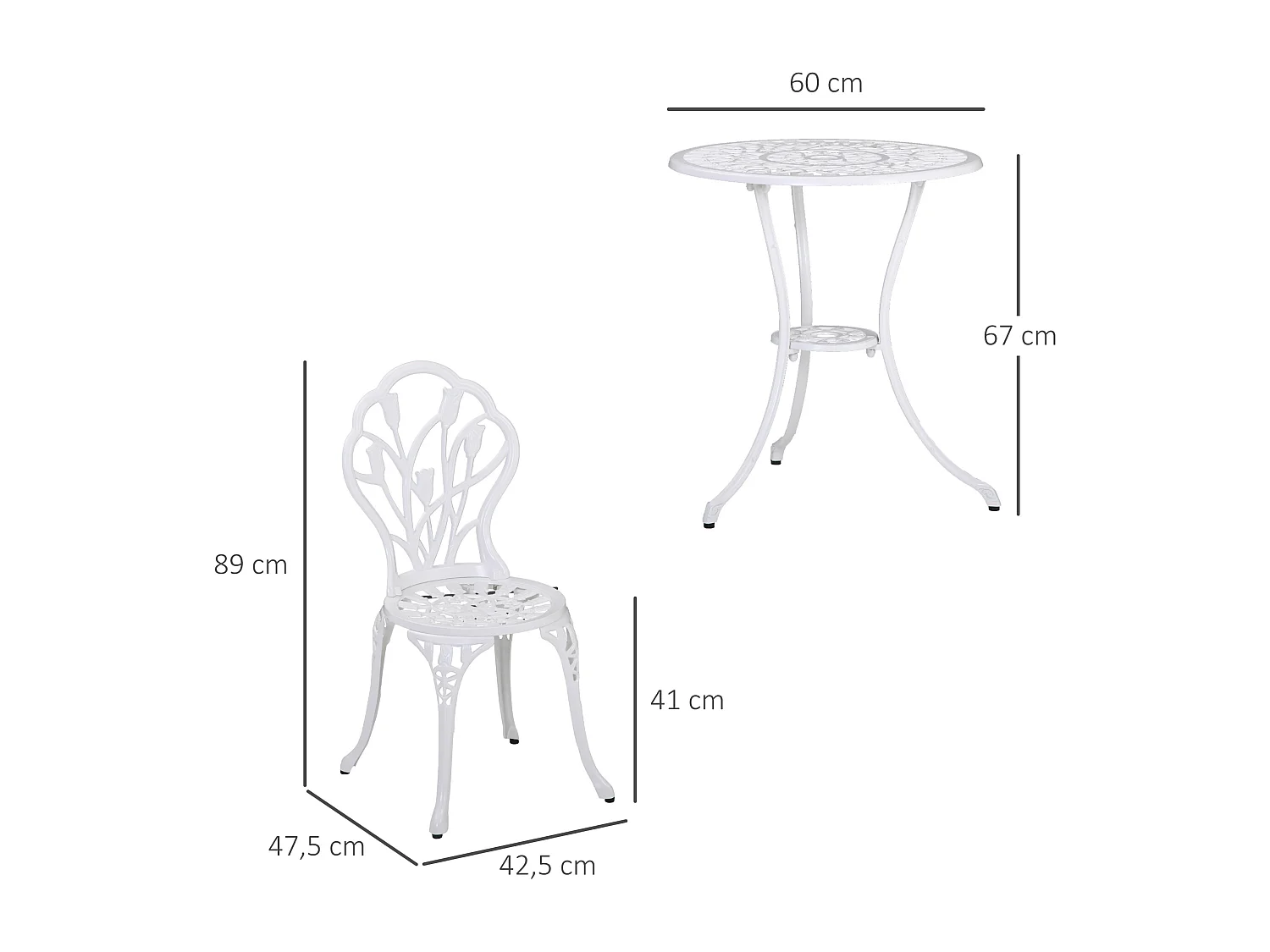 Ensemble salon de jardin 2 places 2 chaises + table ronde fonte d'aluminium imitation fer forgé blanc