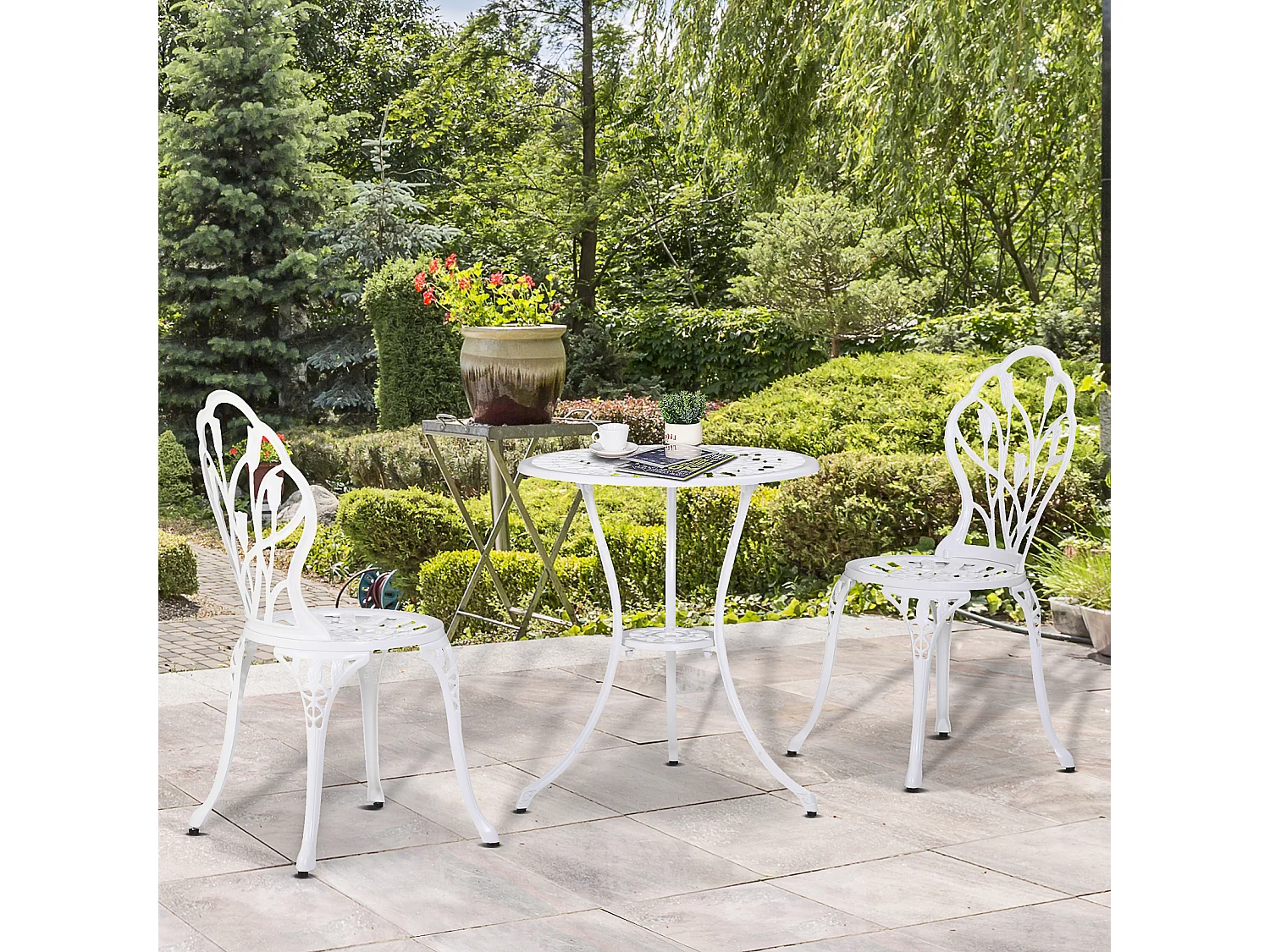 Ensemble salon de jardin 2 places 2 chaises + table ronde fonte d'aluminium imitation fer forgé blanc