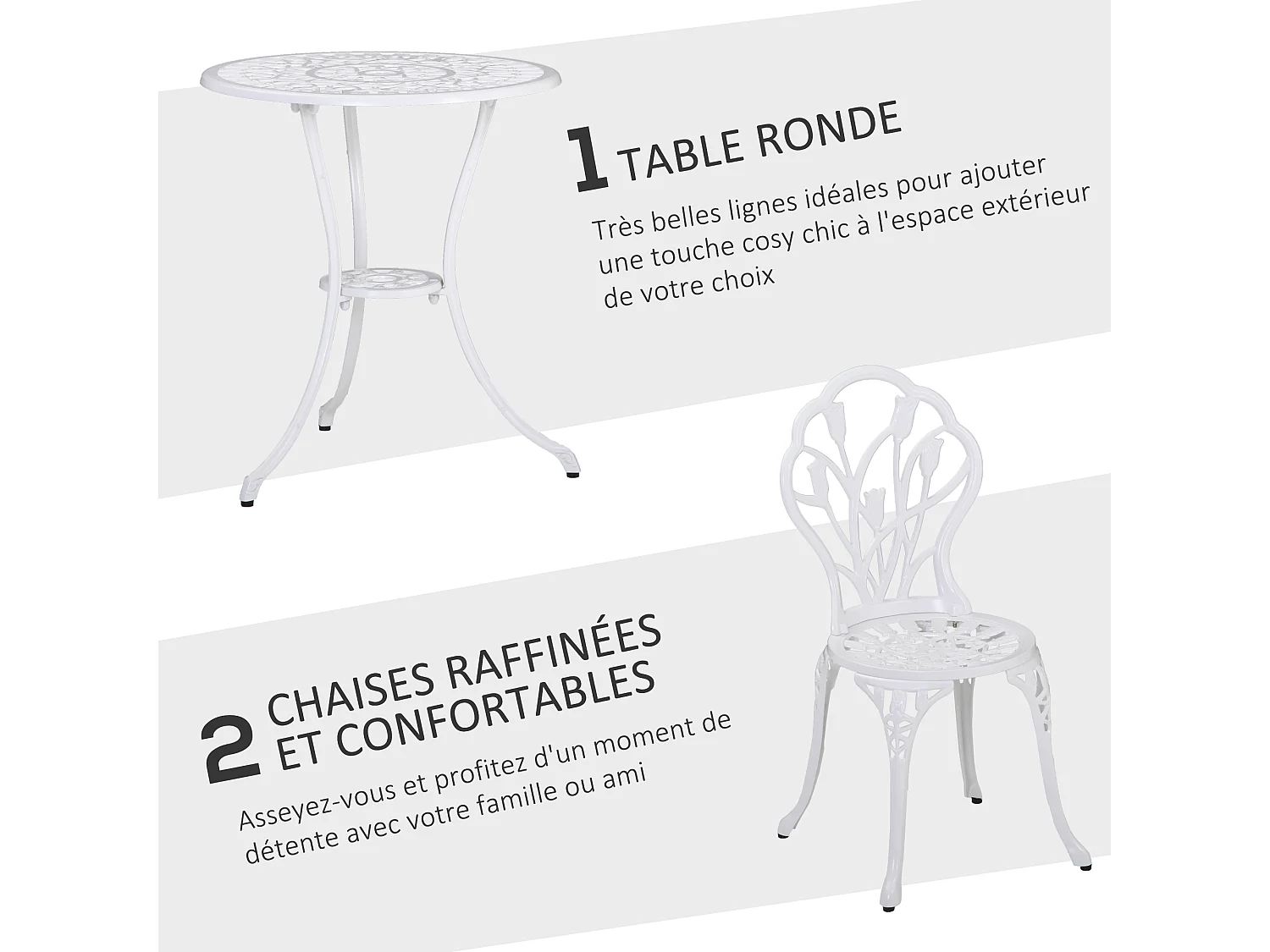 Ensemble salon de jardin 2 places 2 chaises + table ronde fonte d'aluminium imitation fer forgé blanc